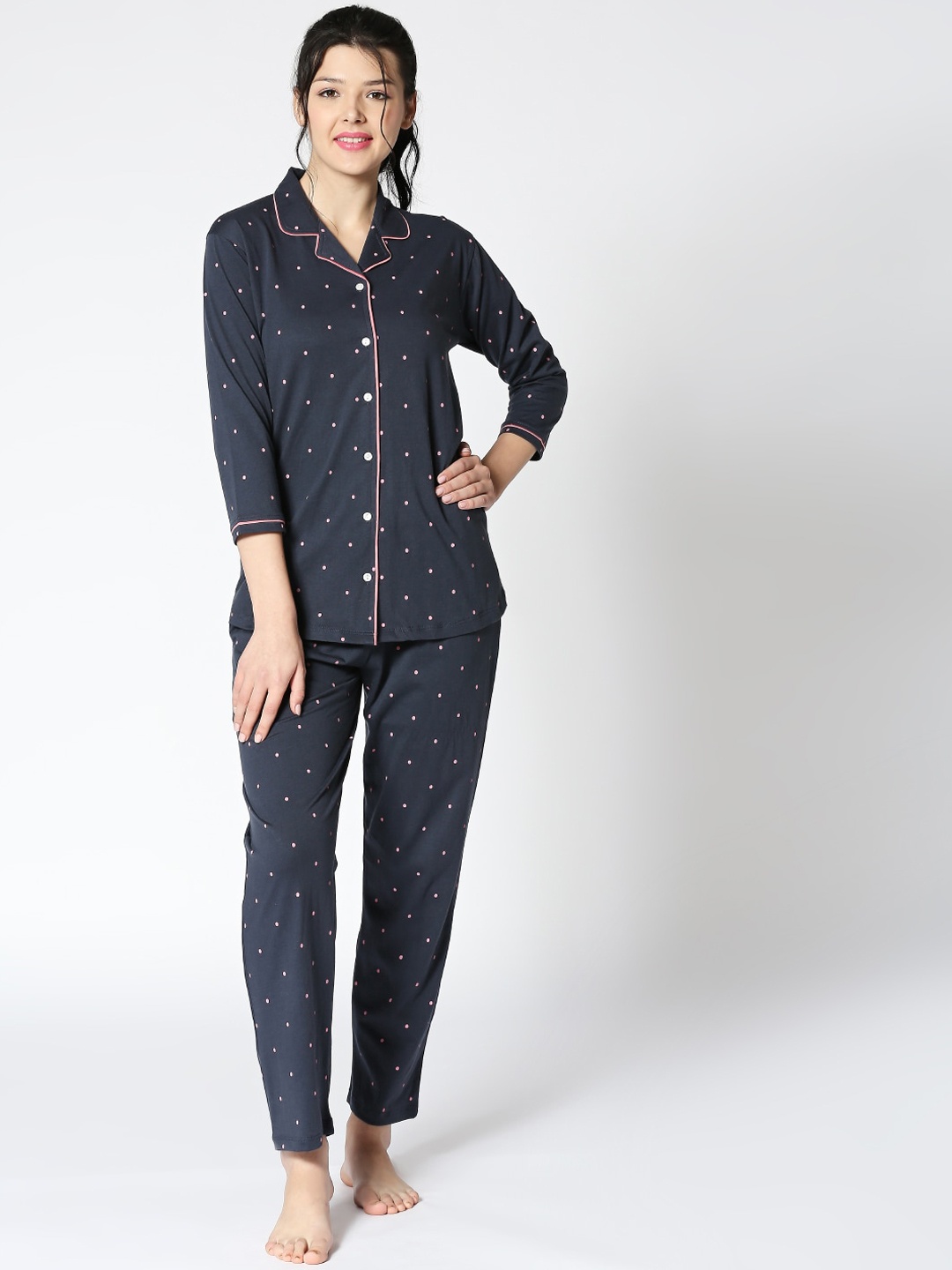 

I like me Women Navy Blue & Pink Printed Pure Cotton Night suit