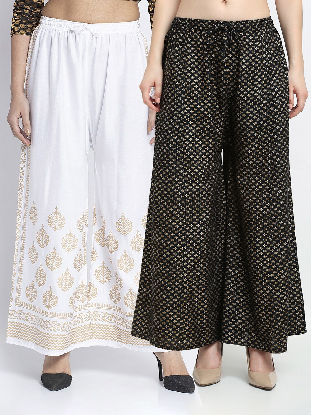 

GRACIT Women Set of 2 White & Black Floral Printed Knitted Palazzos