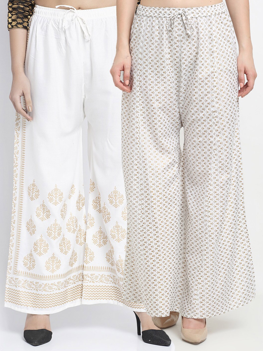 

GRACIT Women Pack of 2 Off White & Gold-Toned Ethnic Motifs Printed Wide Leg Palazzos