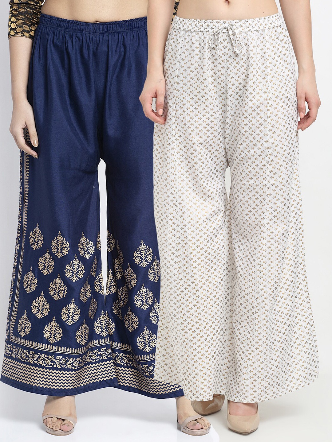 

GRACIT Set Of 2 Women Navy Blue & Off White Floral Printed Knitted Palazzos