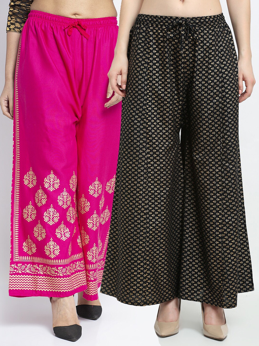 

GRACIT Women Pink & Black 2 Floral Printed Knitted Palazzos