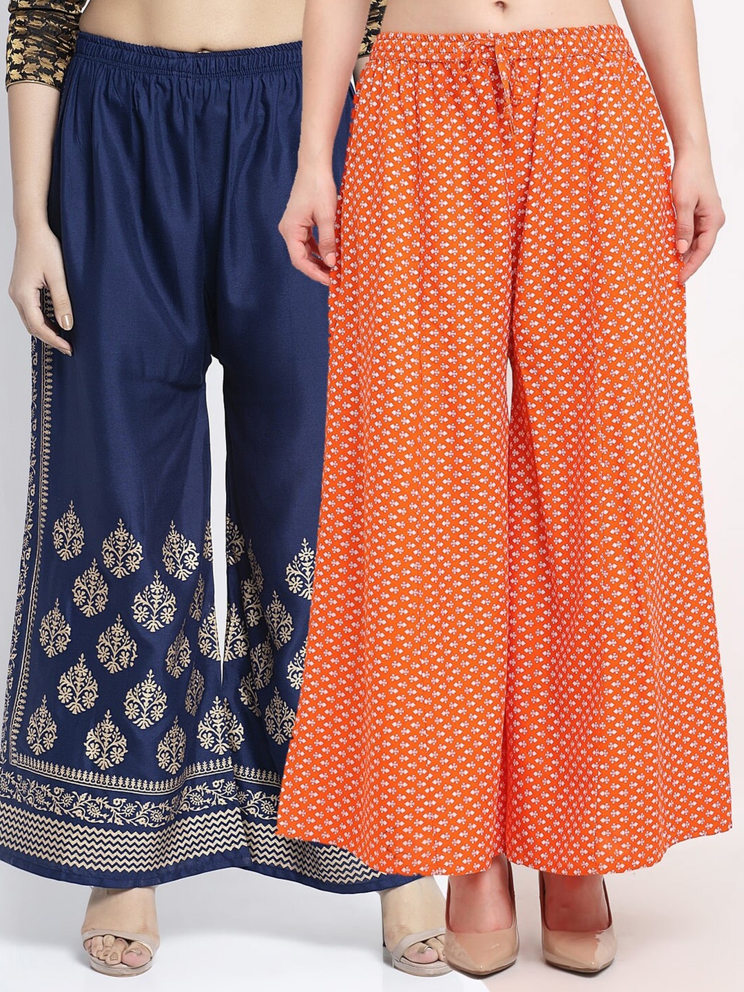 

GRACIT Women Navy Blue & Orange Set of 2 Ethnic Motifs Printed Knitted Palazzos