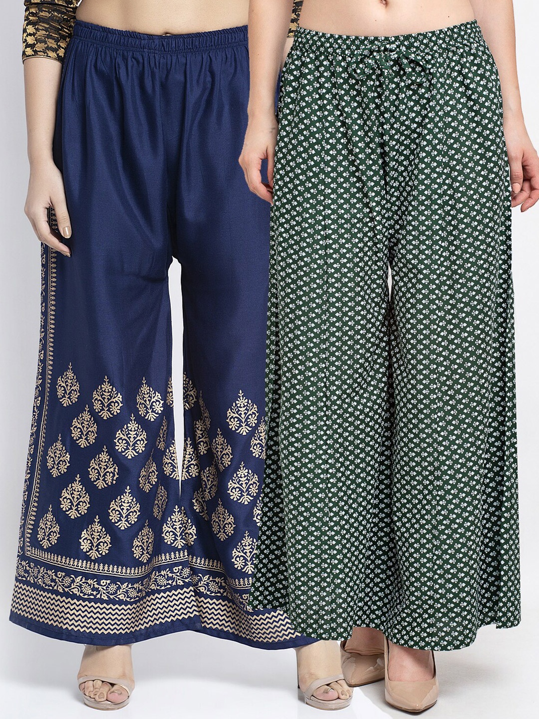 

GRACIT Women Navy Blue & Green 2 Floral Printed Knitted Palazzos