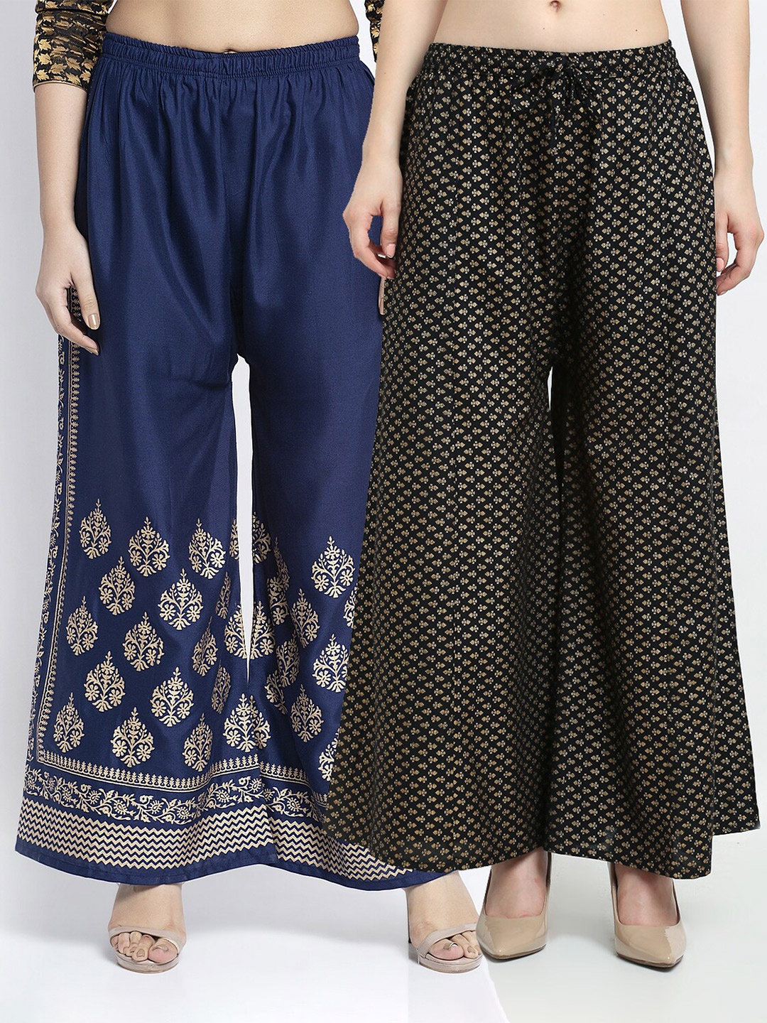 

GRACIT Women Navy Blue & Black 2 Floral Printed Knitted Palazzos