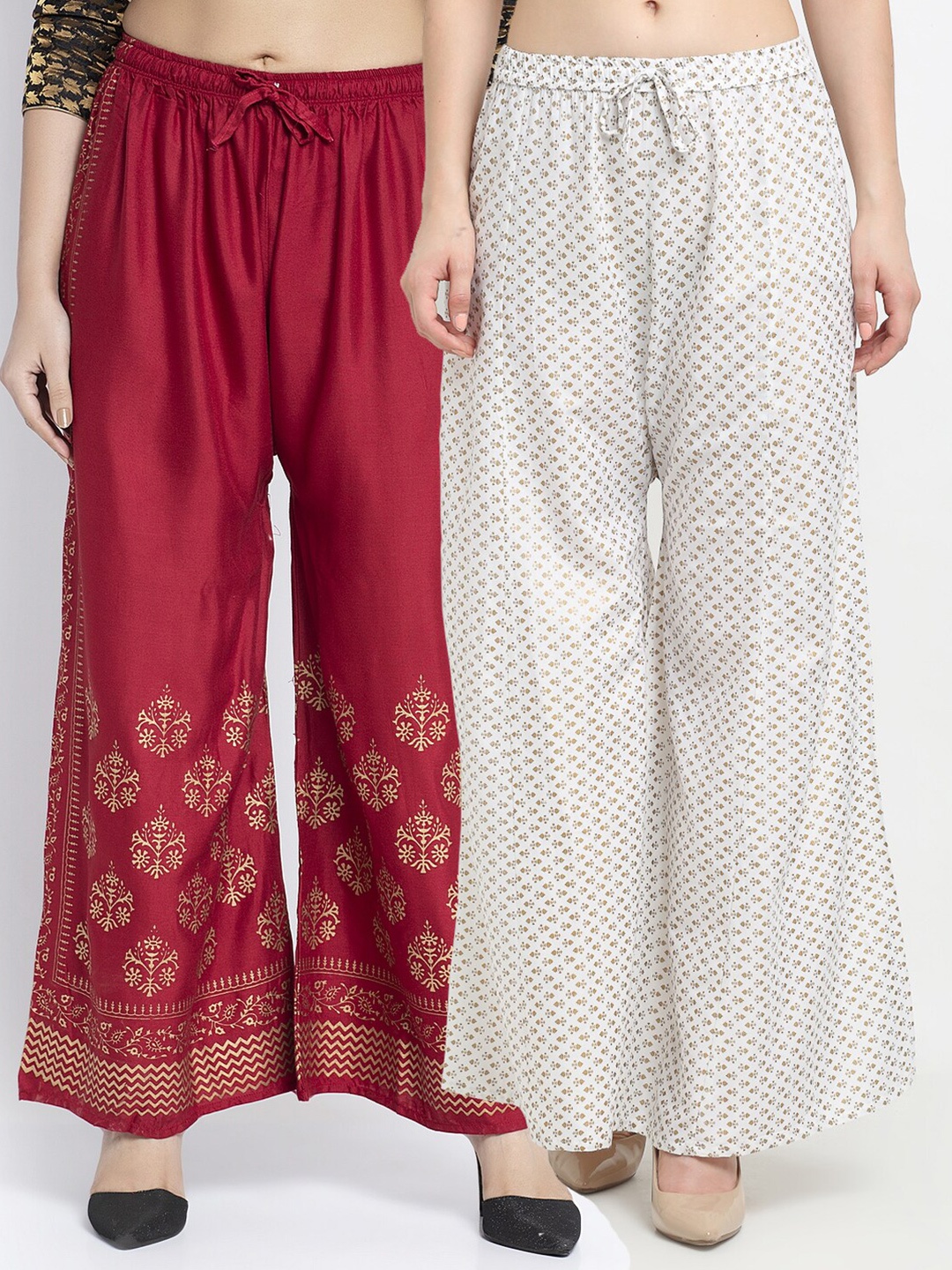 

GRACIT Women Maroon & White Pack of 2 Floral Printed Flared Knitted Ethnic Palazzos