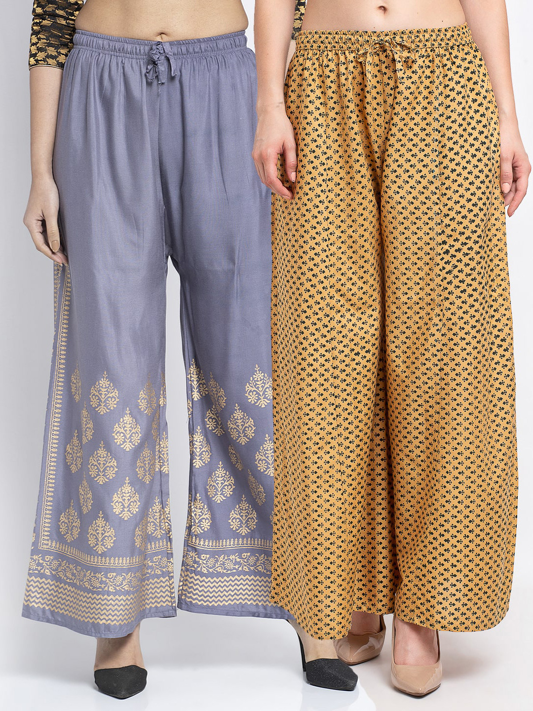 

GRACIT Women Pack of 2 Floral Printed Knitted Palazzos, Grey