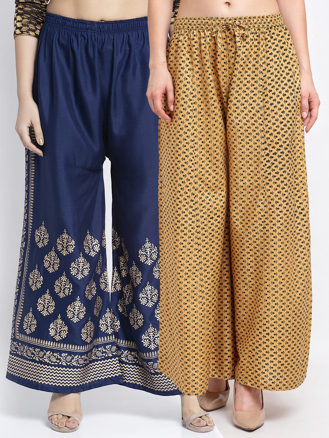 

GRACIT Set Of 2 Women Navy Blue & Tan Floral Printed Knitted Palazzos
