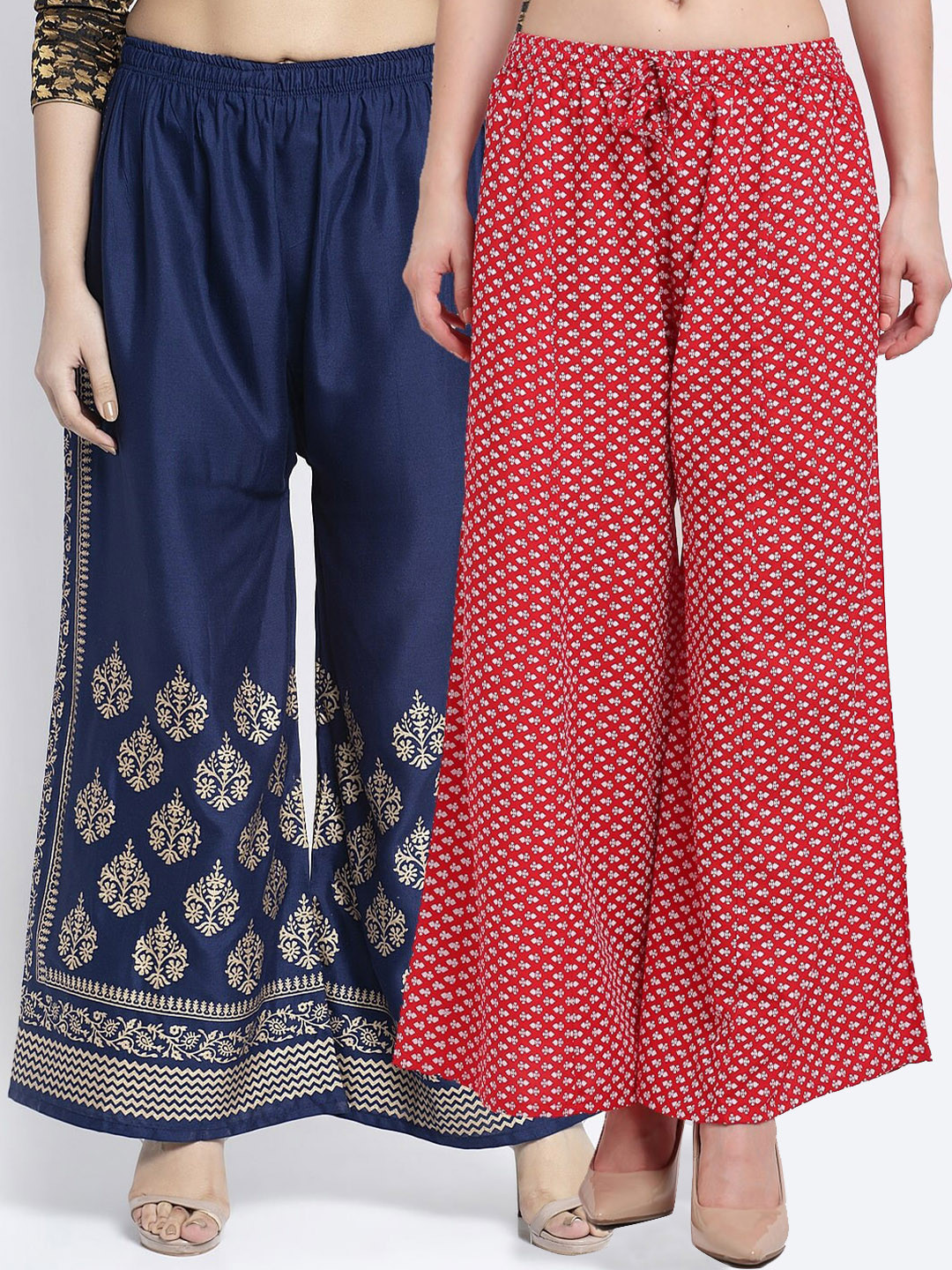 

GRACIT Women Pack of 2 Navy Blue & Red Ethnic Motifs Block Printed Knitted Ethnic Palazzos