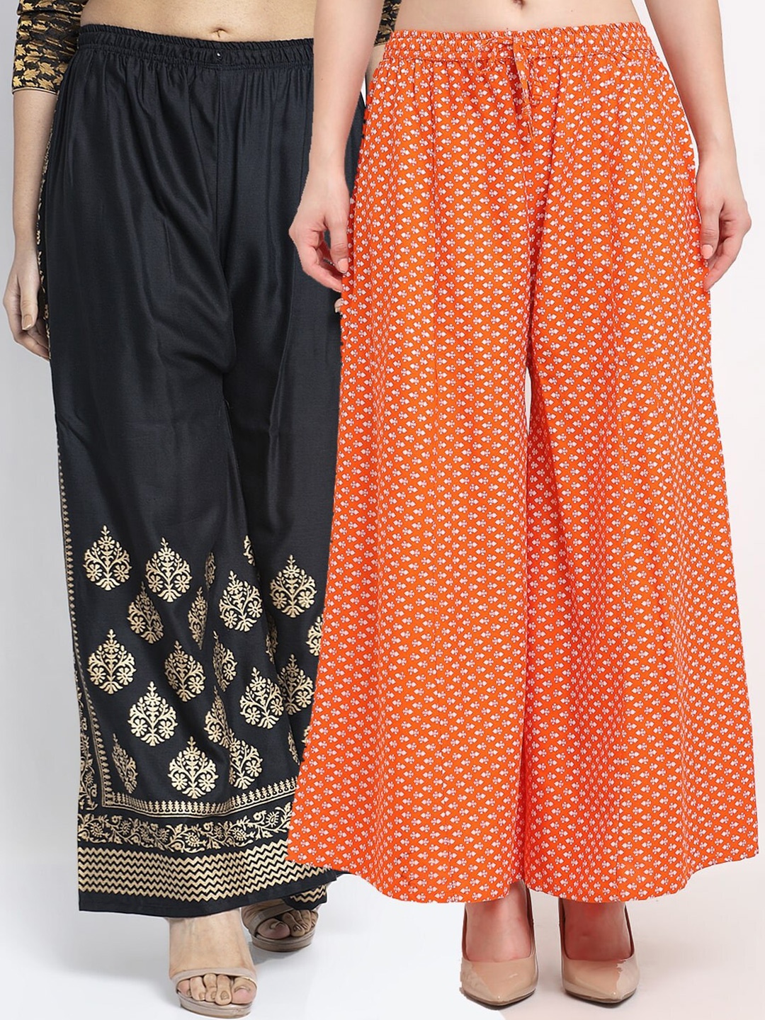 

GRACIT Women Pack of 2 Floral Block Printed Knitted Palazzos, Black