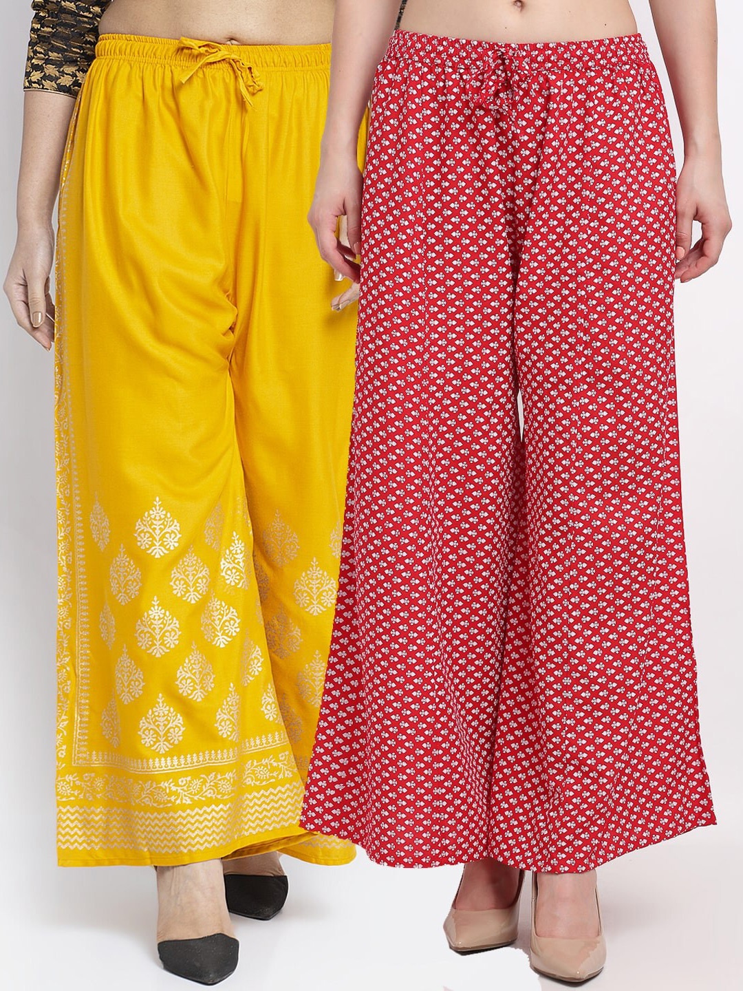 

GRACIT Pack Of 2 Women Yellow & Red Floral Printed Knitted Ethnic Palazzos