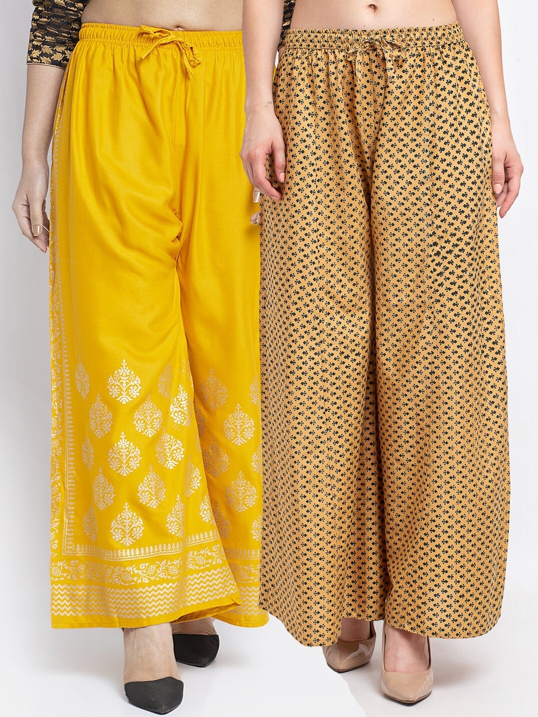 

GRACIT Women Pack Of 2 Yellow & Tan Ethnic Motifs Printed Knitted Ethnic Palazzos