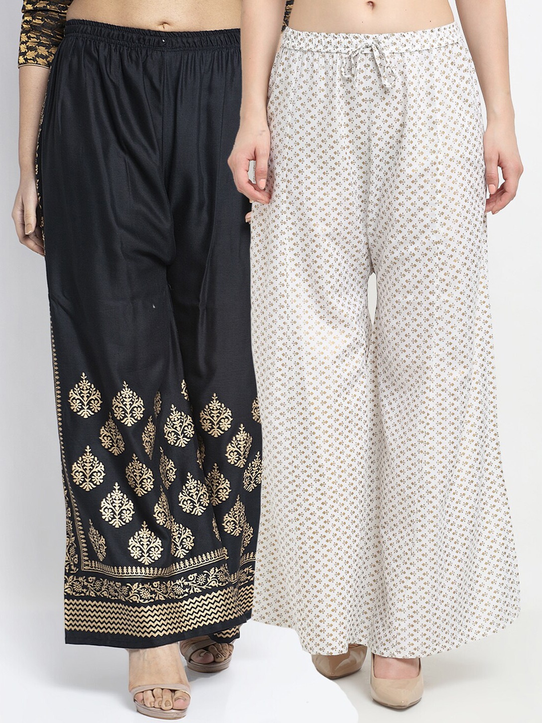

GRACIT Women Pack of 2 Black & Off White Floral Printed Knitted Palazzos