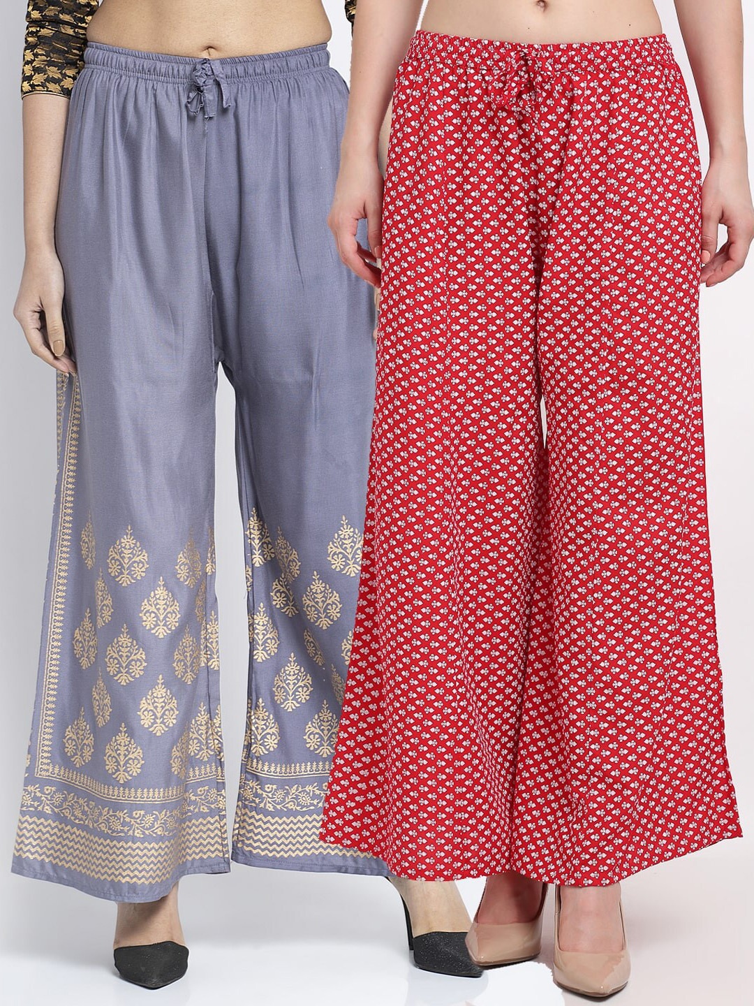 

GRACIT Women Pack of 2 Grey & Red Ethnic Motifs Printed Wide Leg Palazzos