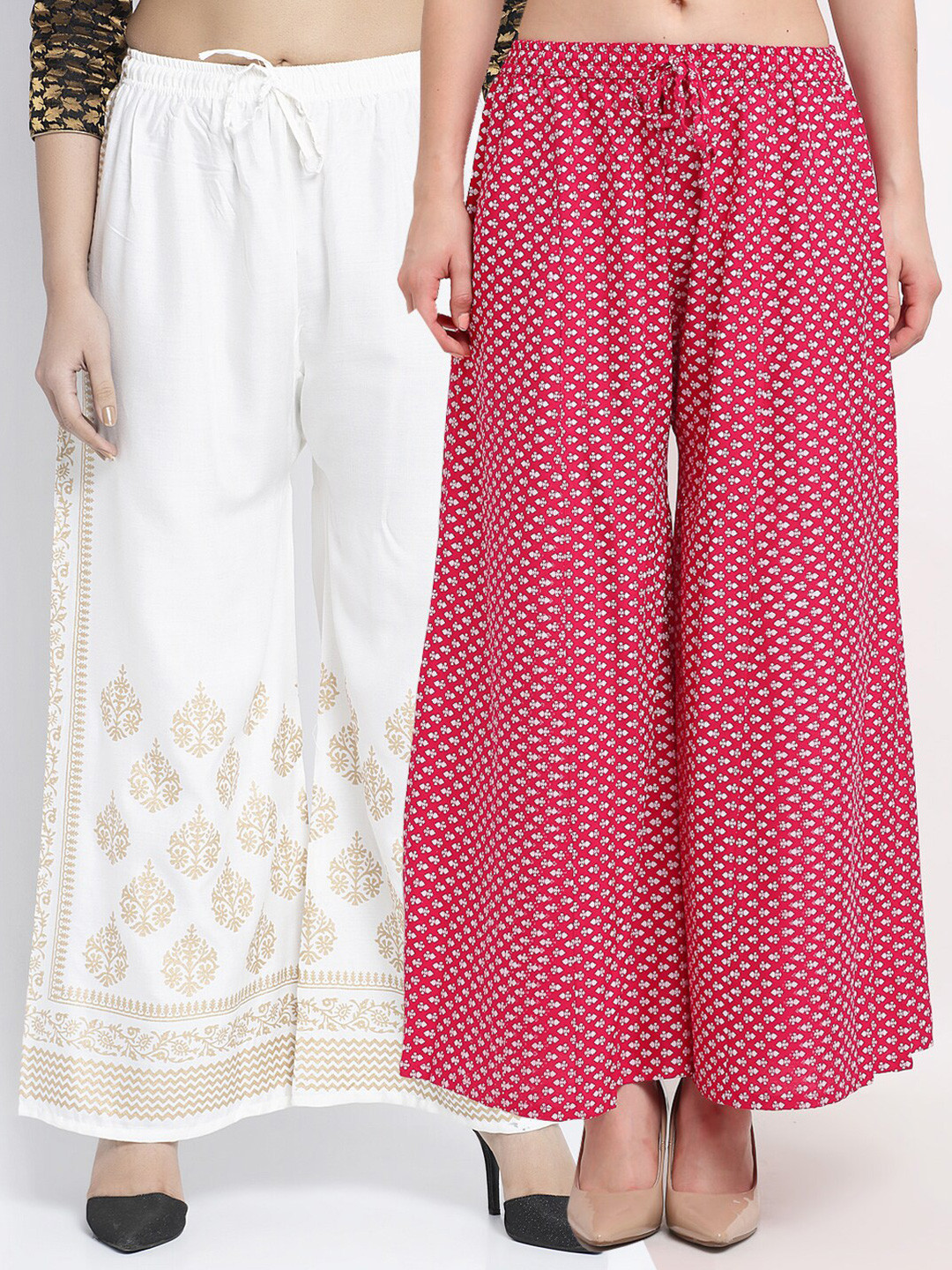 

GRACIT Women Pack of 2 Floral Printed Knitted Palazzos, Off white