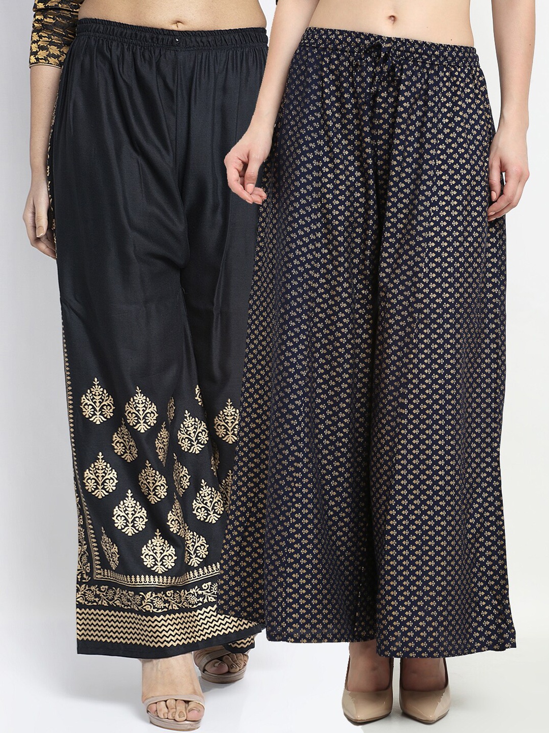 

GRACIT Women Pack Of 2 Black & Navy Blue Block Print Palazzos