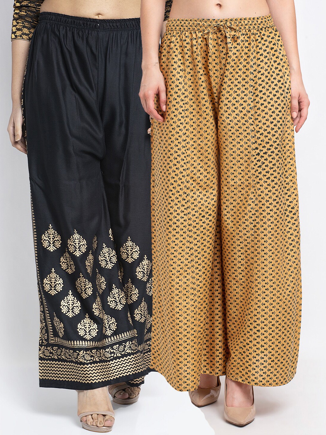 

GRACIT Women Pack of 2 Black & Tan Floral Printed Knitted Palazzos