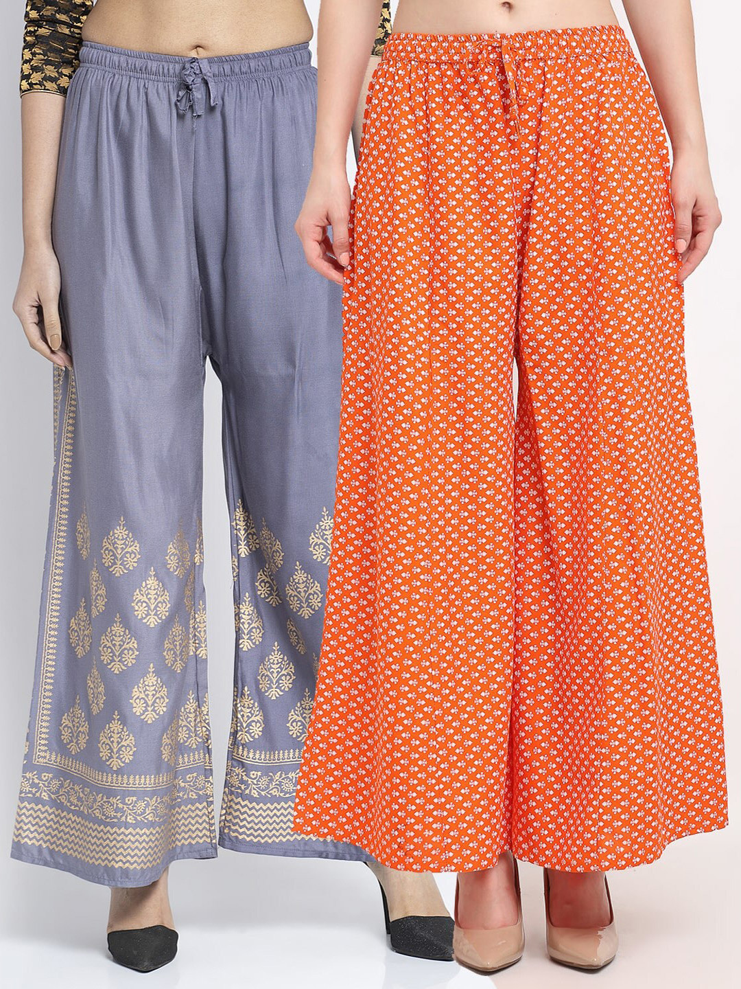 

GRACIT Set Of 2 Women Grey & Orange Floral Printed Knitted Palazzos
