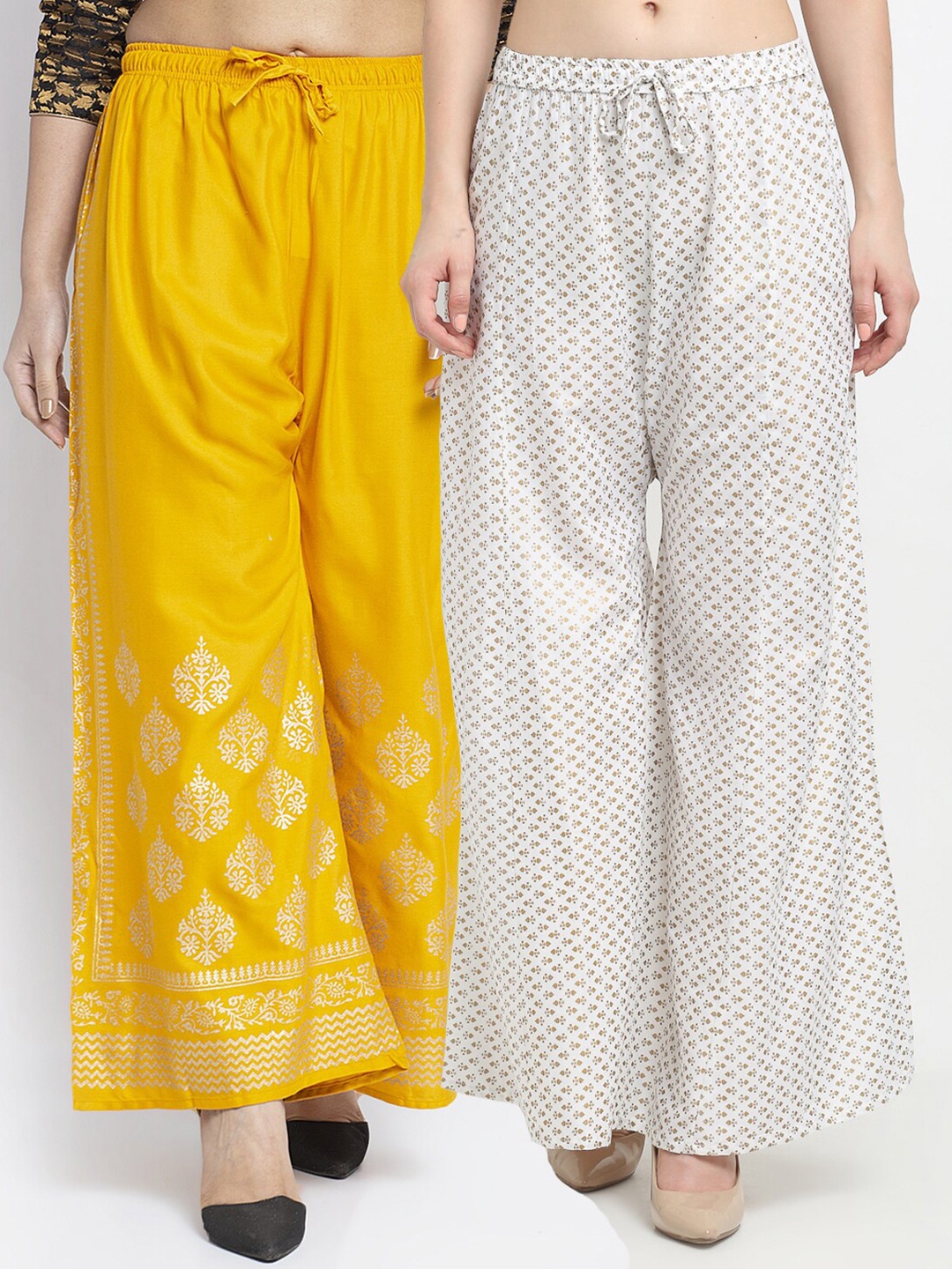 

GRACIT Women Yellow & Off White 2 Floral Printed Knitted Palazzos