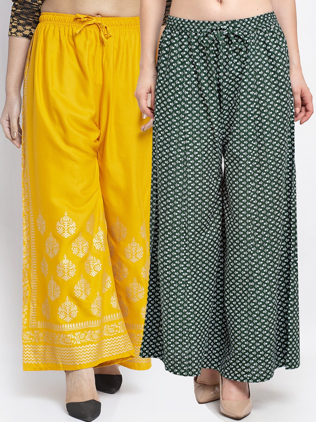 

GRACIT Women Pack Of 2 Yellow & Green 2 Ethnic Motifs Printed Knitted Palazzos