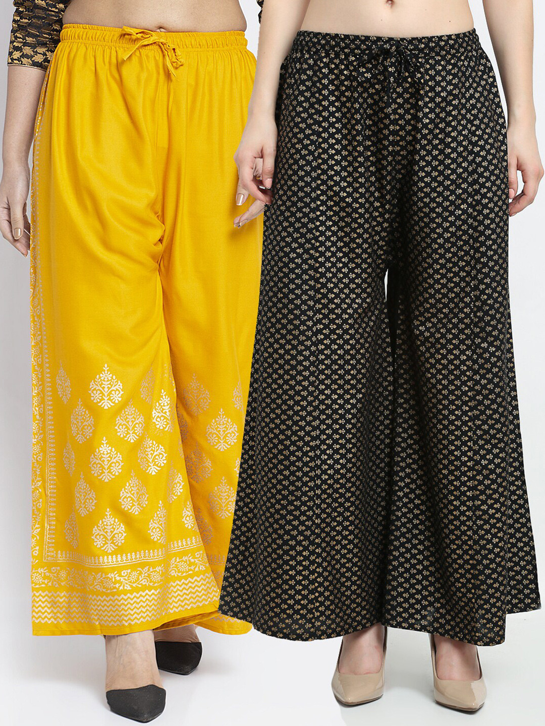 

GRACIT Women Yellow & Black 2 Floral Printed Knitted Palazzos