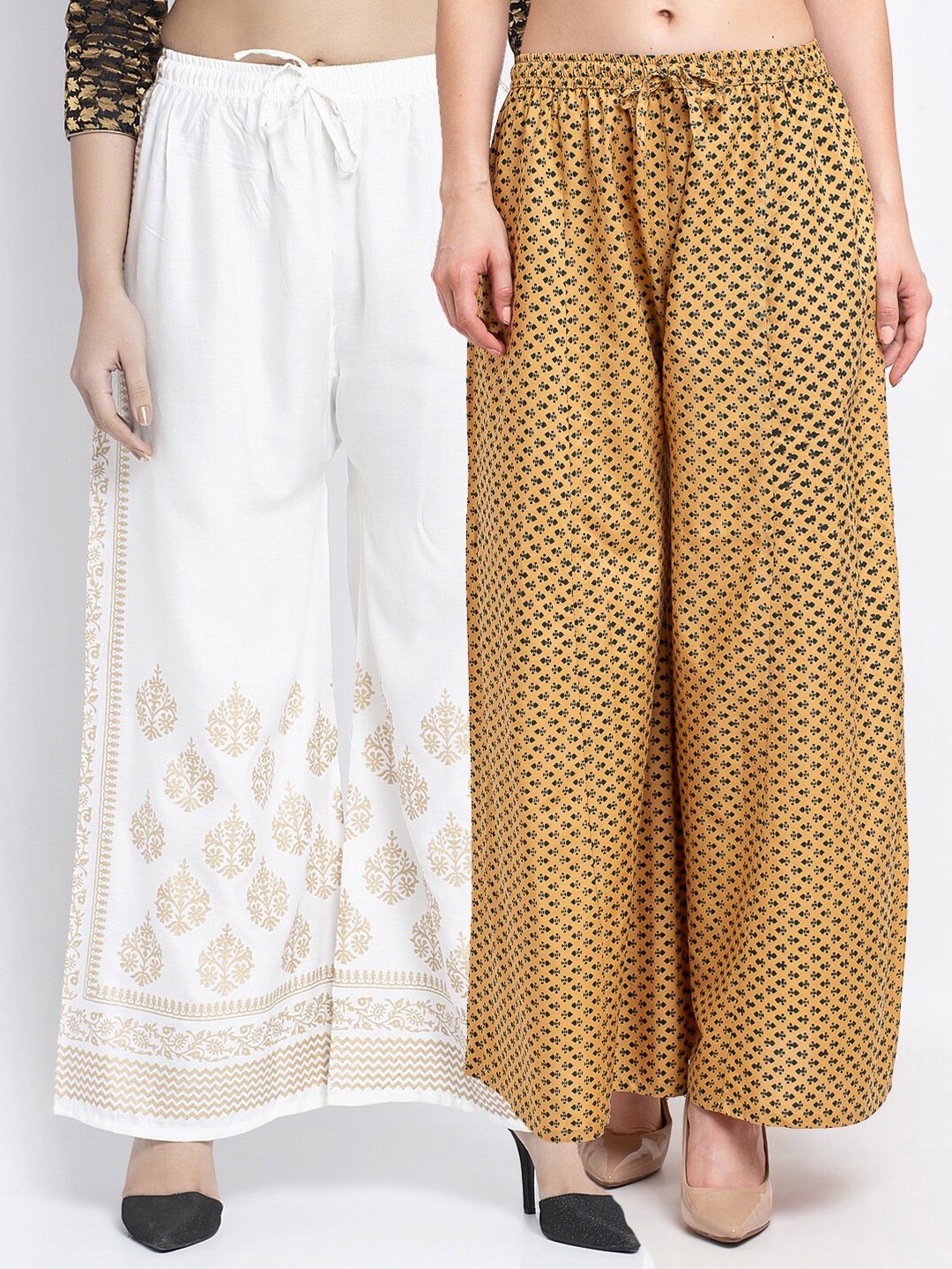 

GRACIT Women Off White & Tan 2 Ethnic Motifs Printed Knitted Palazzos