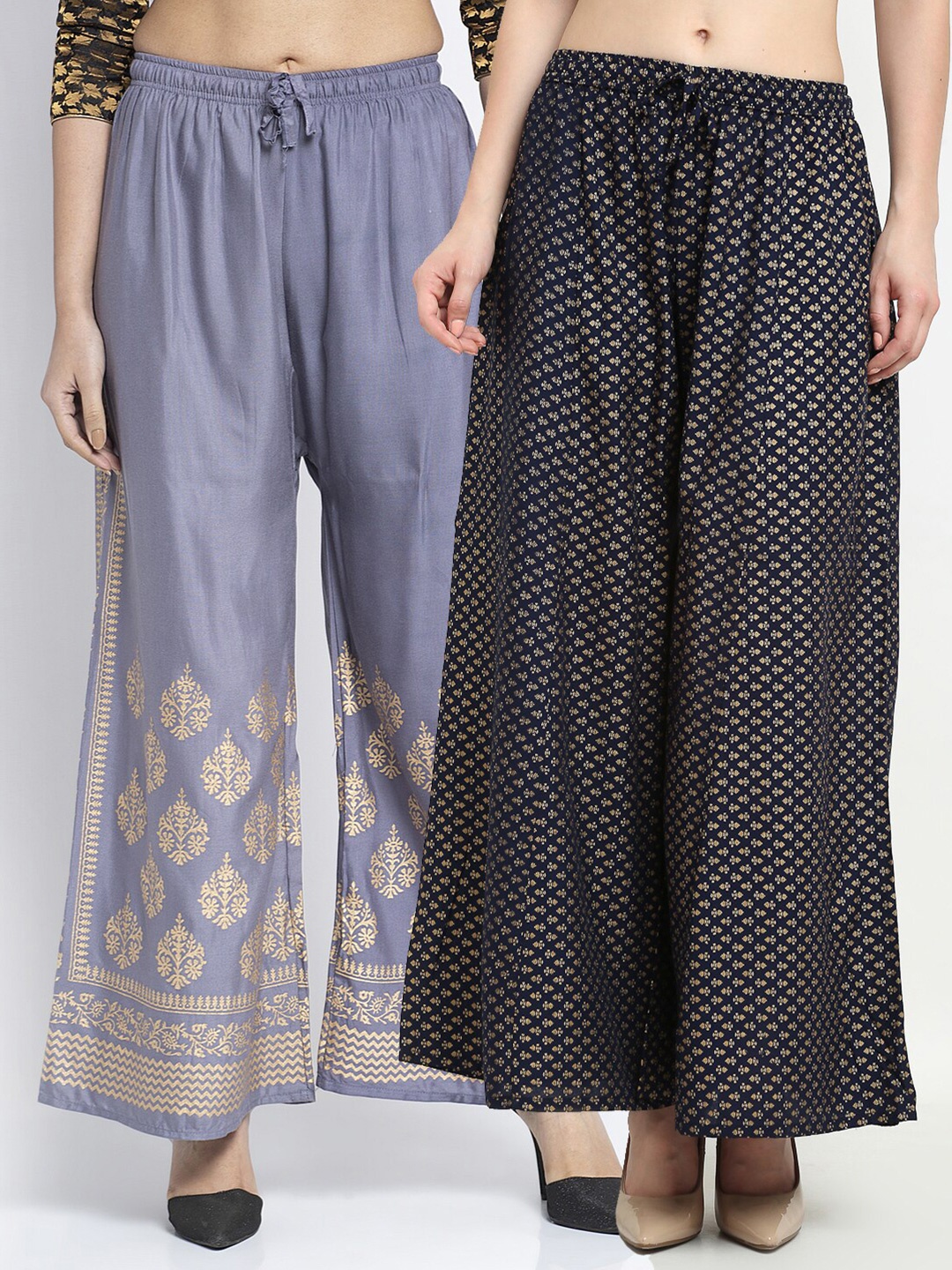 

GRACIT Women Set of 2 Grey & Black Floral Printed Knitted Palazzos