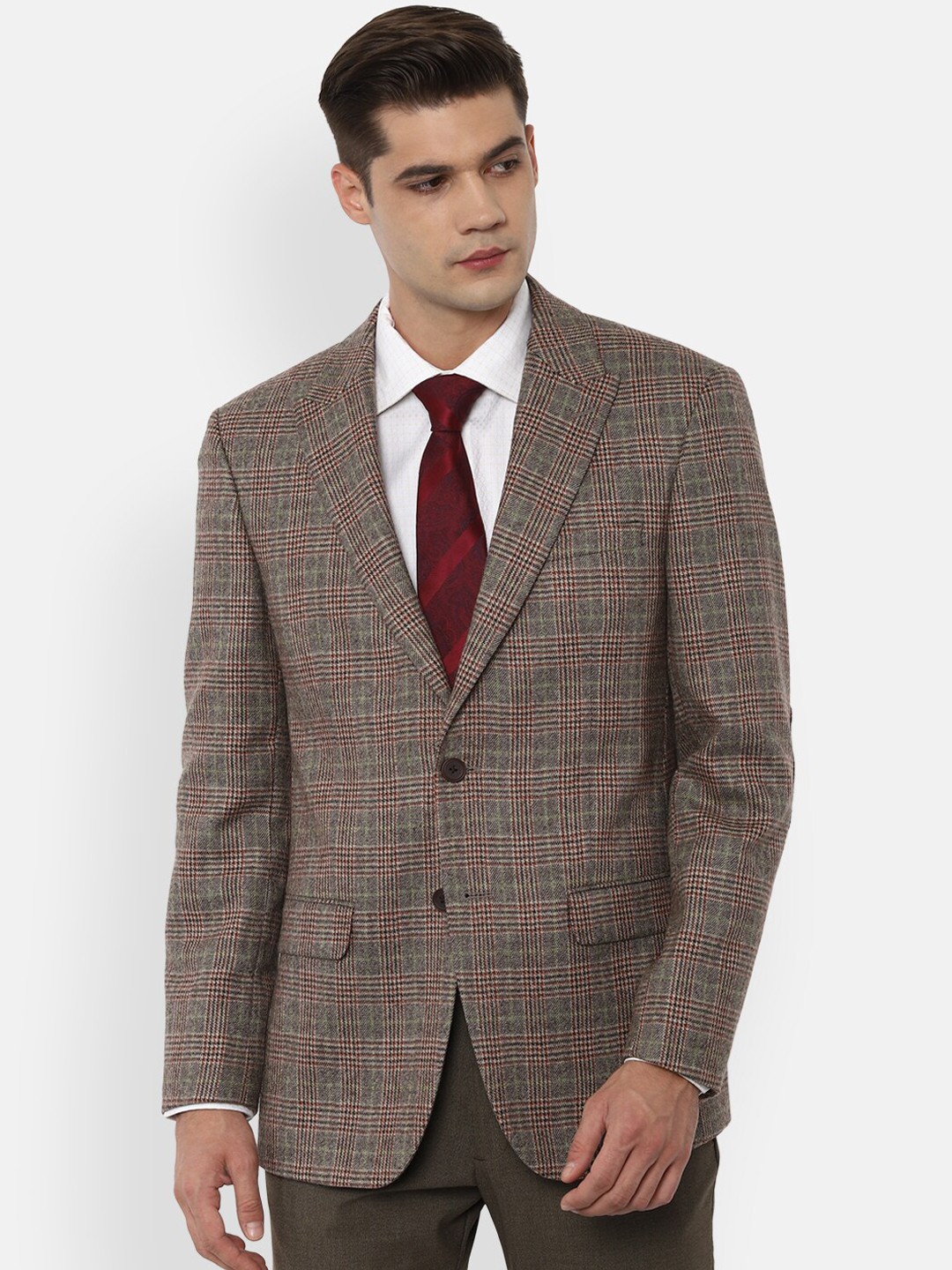 

Louis Philippe Men Brown Checked Single Breasted Pure Wool Blazer