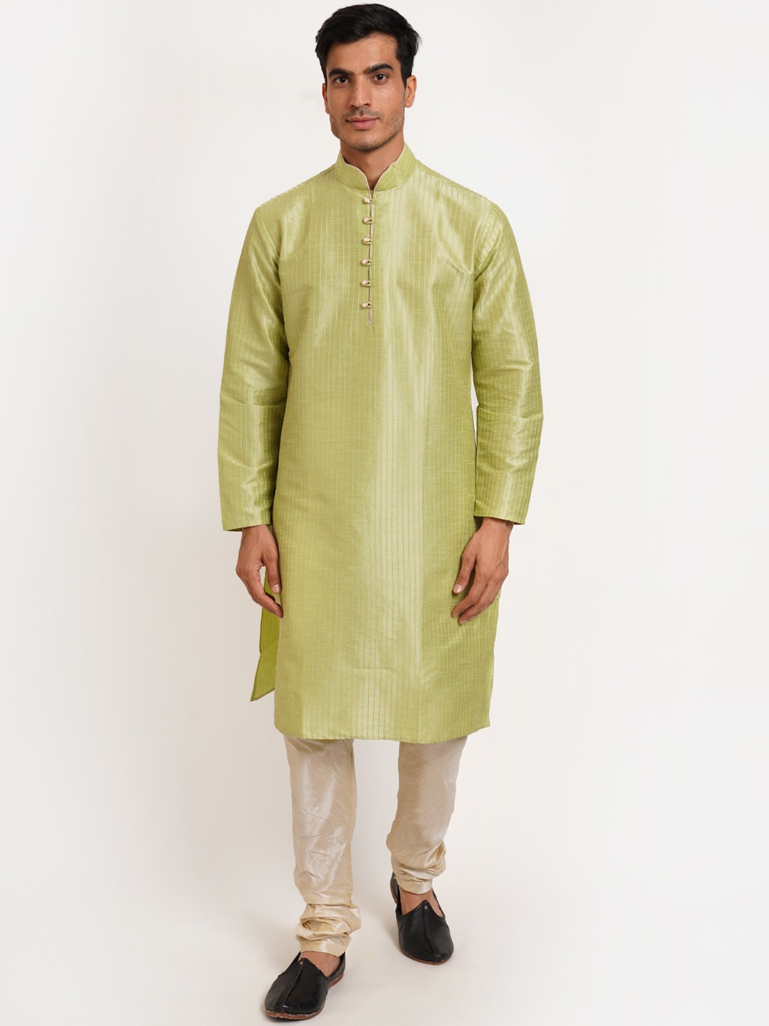 

SG LEMAN Men Green & Beige Striped Regular Raw Silk Kurta with Churidar