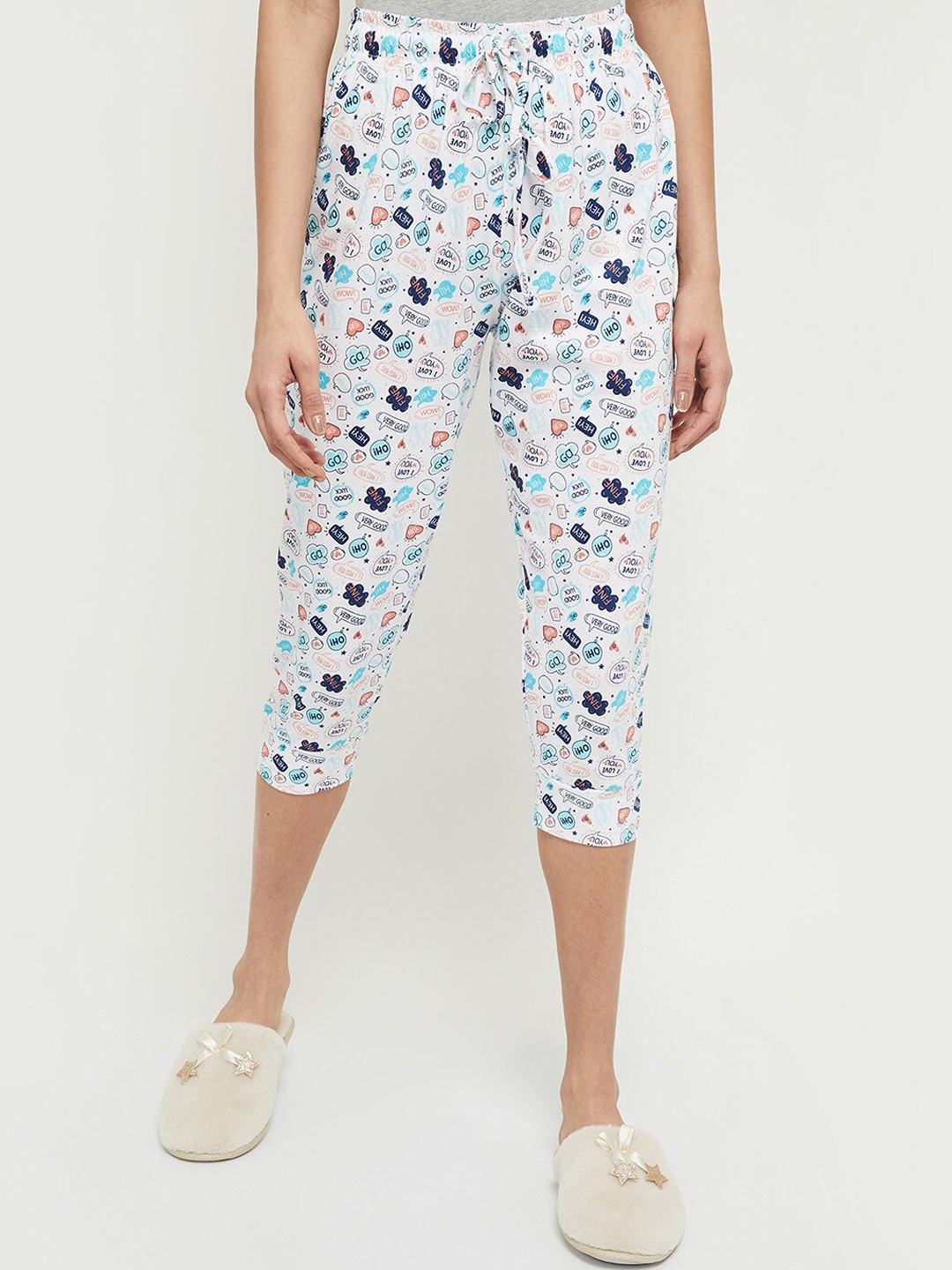 

max Women White & Blue Floral Printed Pure Cotton Lounge Capris