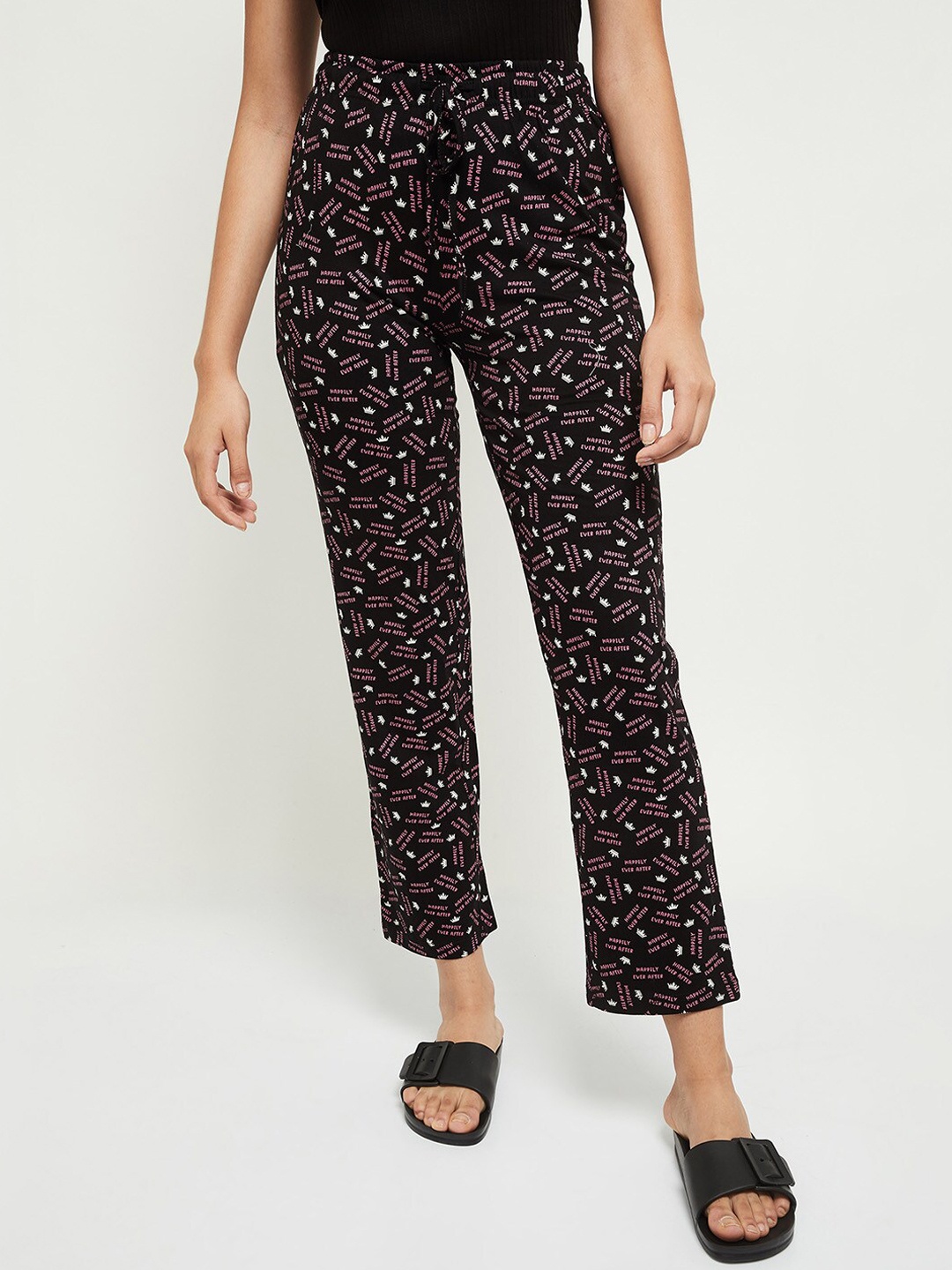 

max Women Black & Pink Printed Pure Cotton Lounge Pants
