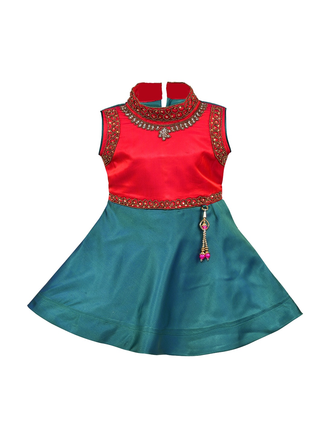 

Wish Karo Red & Blue Colourblocked Satin A-Line Dress