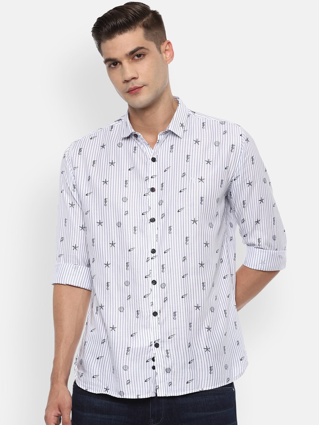 

V Dot Men Blue Slim Fit Opaque Printed Casual Shirt