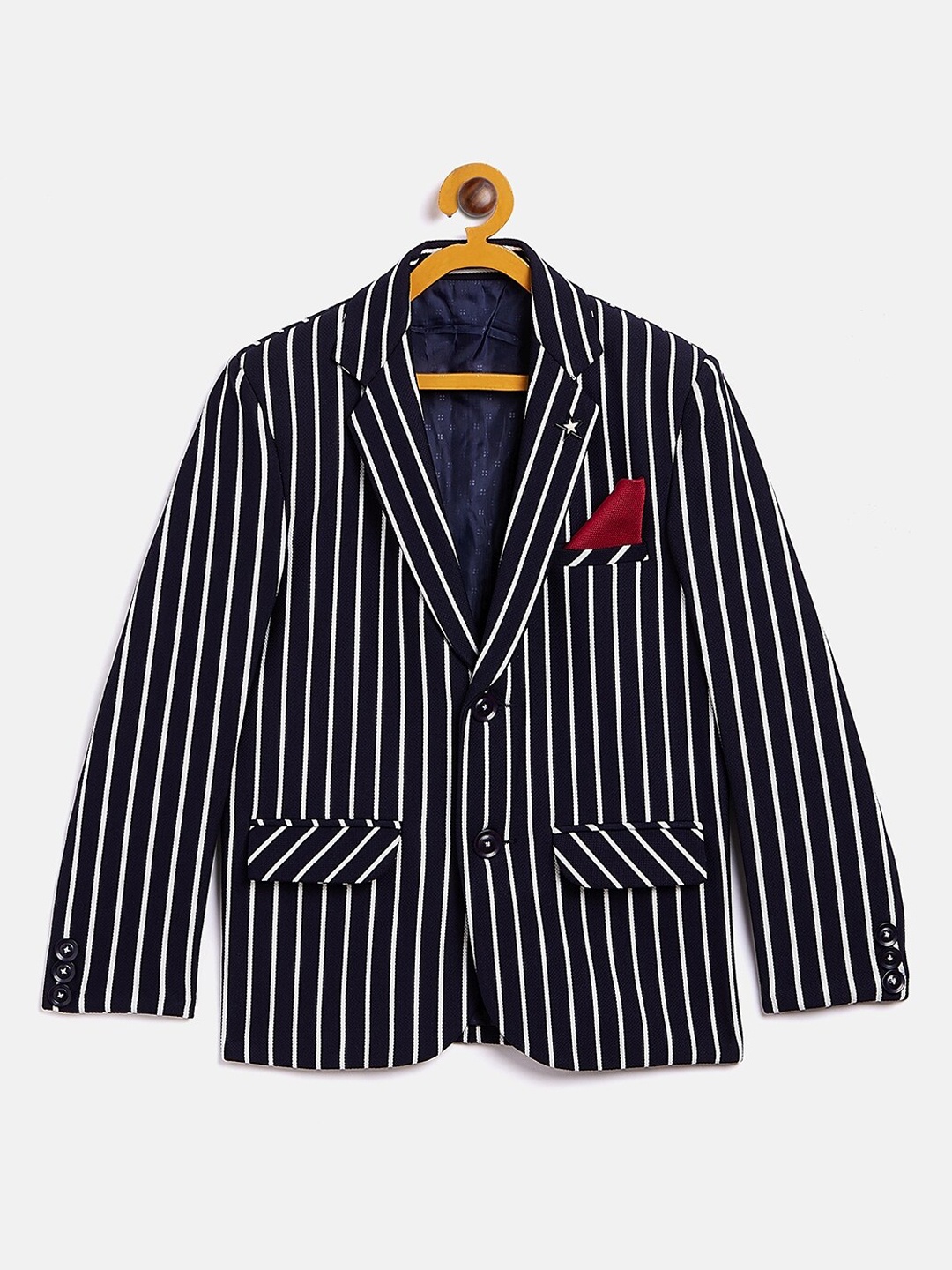 

Crimsoune Club Boys Navy Blue Striped Single-Breasted Formal Blazer
