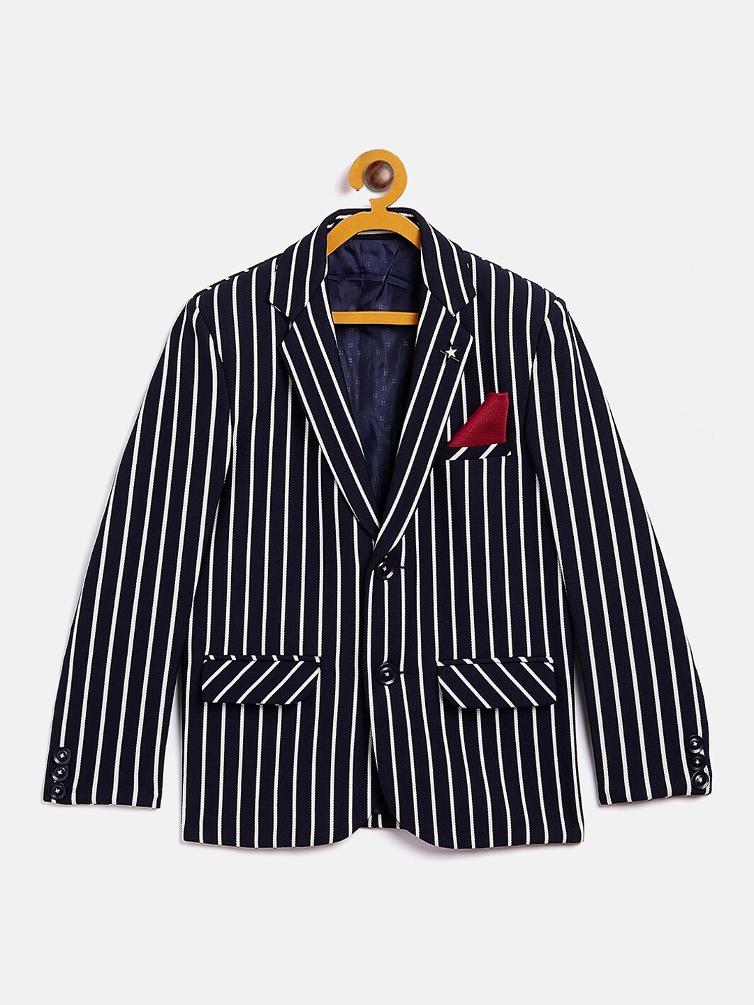 

Crimsoune Club Boys Navy Blue And White Striped Single Breasted Blazer