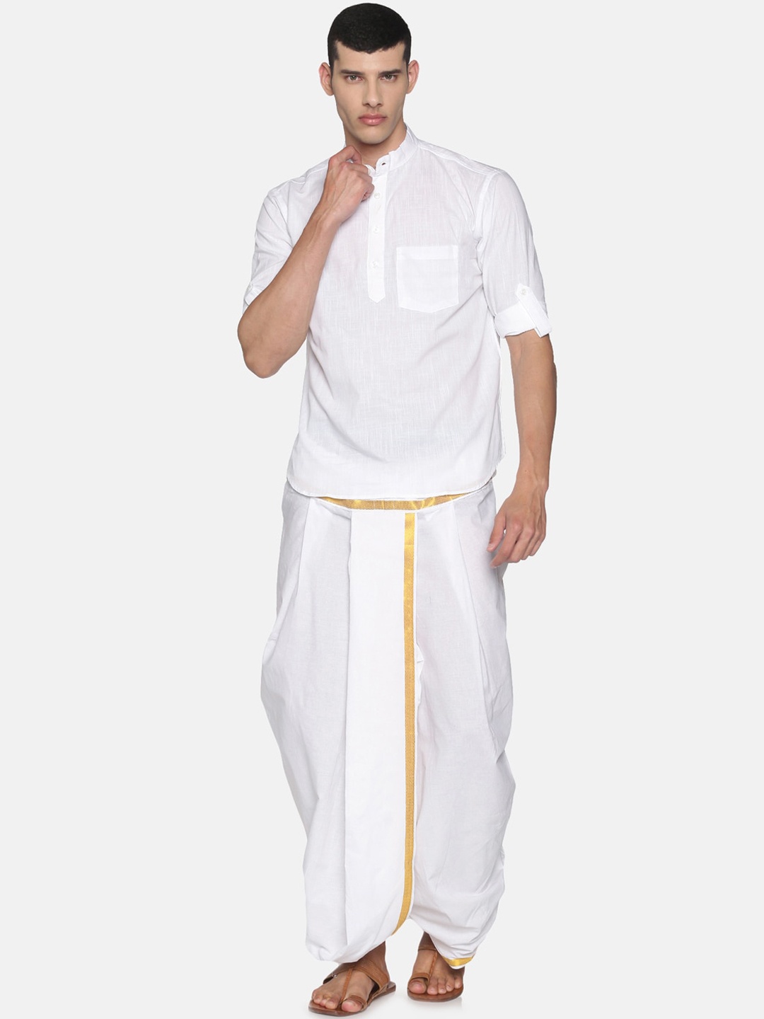 

Sethukrishna Men White Regular Pure Cotton Kurta with Dhoti Pants