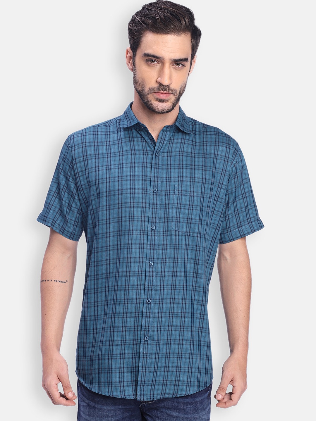 

Zeal Men Teal Standard Opaque Checked Casual Shirt