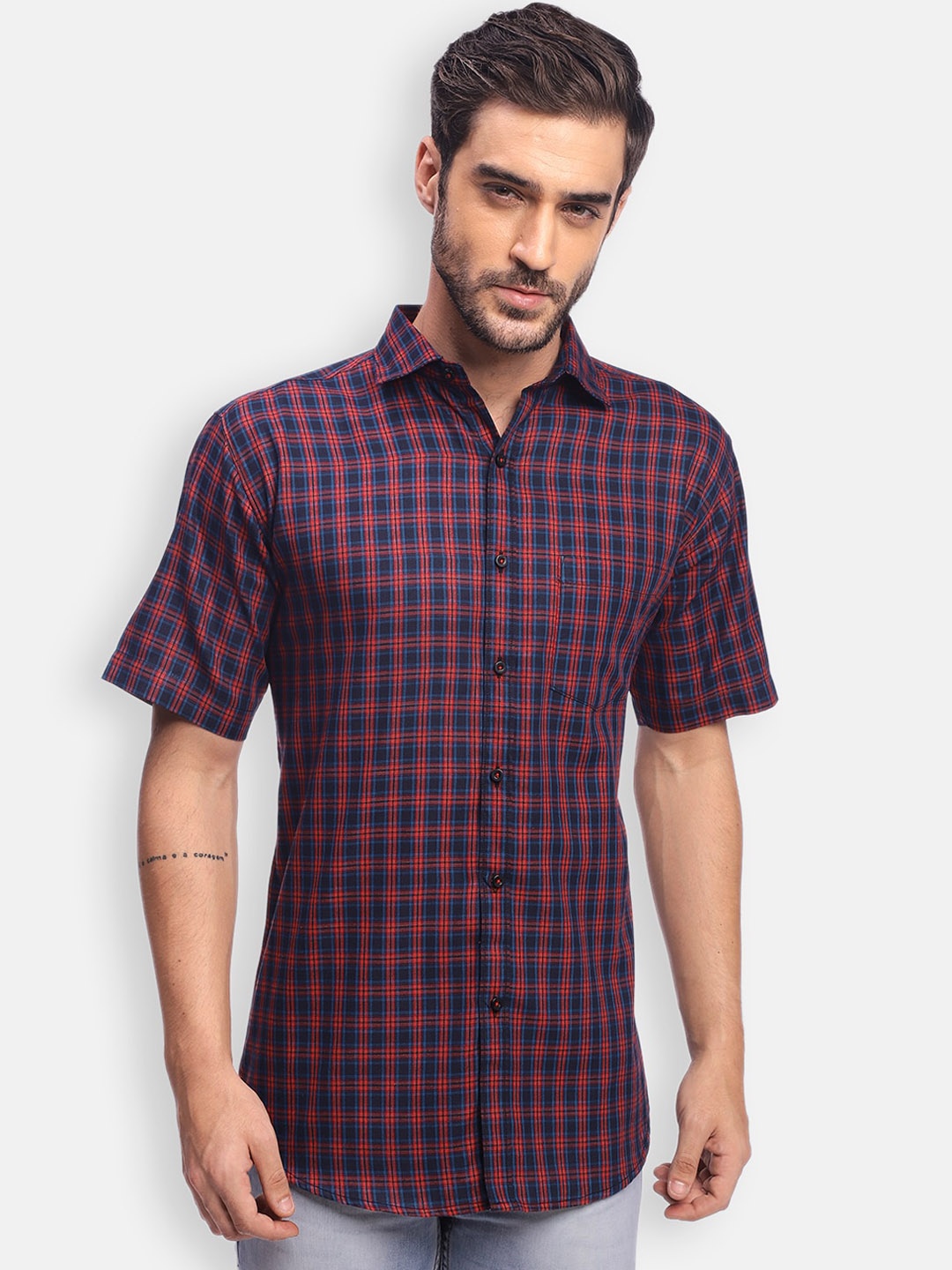 

Zeal Men Black & Red Standard Grid Tattersall Checks Opaque Pure Cotton Casual Shirt