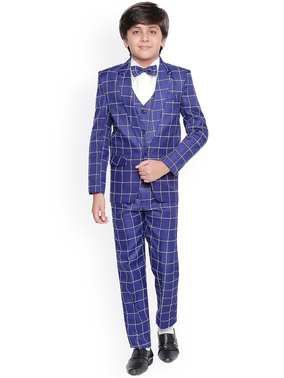 

Jeetethnics Boys Navy Blue Checked Coat Suit Set with Waistcoat Shirt and Trousers