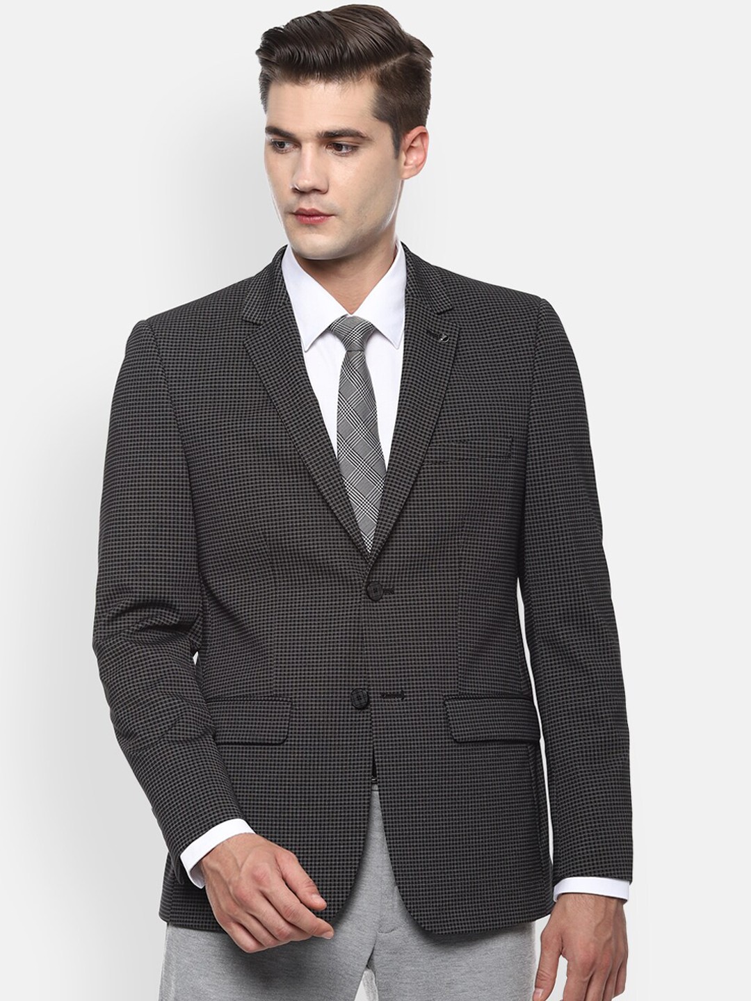 

Van Heusen Men Grey & Black Checked Slim-Fit Single-Breasted Formal Blazer