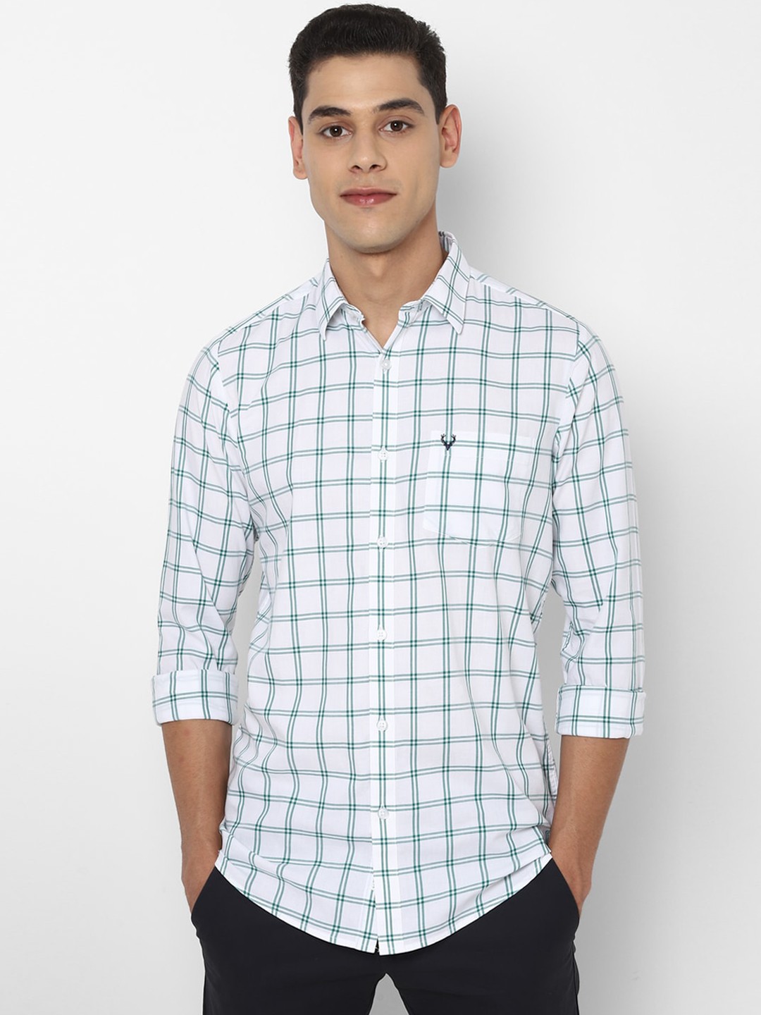 

Allen Solly Men White & Green Slim Fit Opaque Checked Pure Cotton Casual Shirt
