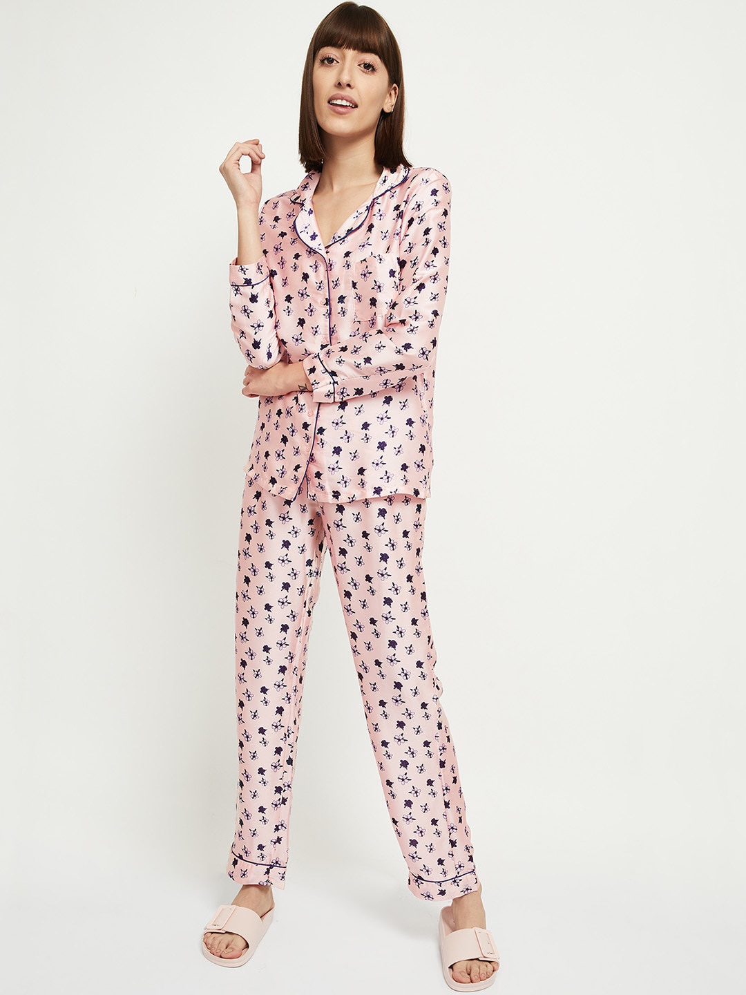 

max Women Pink & Black Printed Night Suit