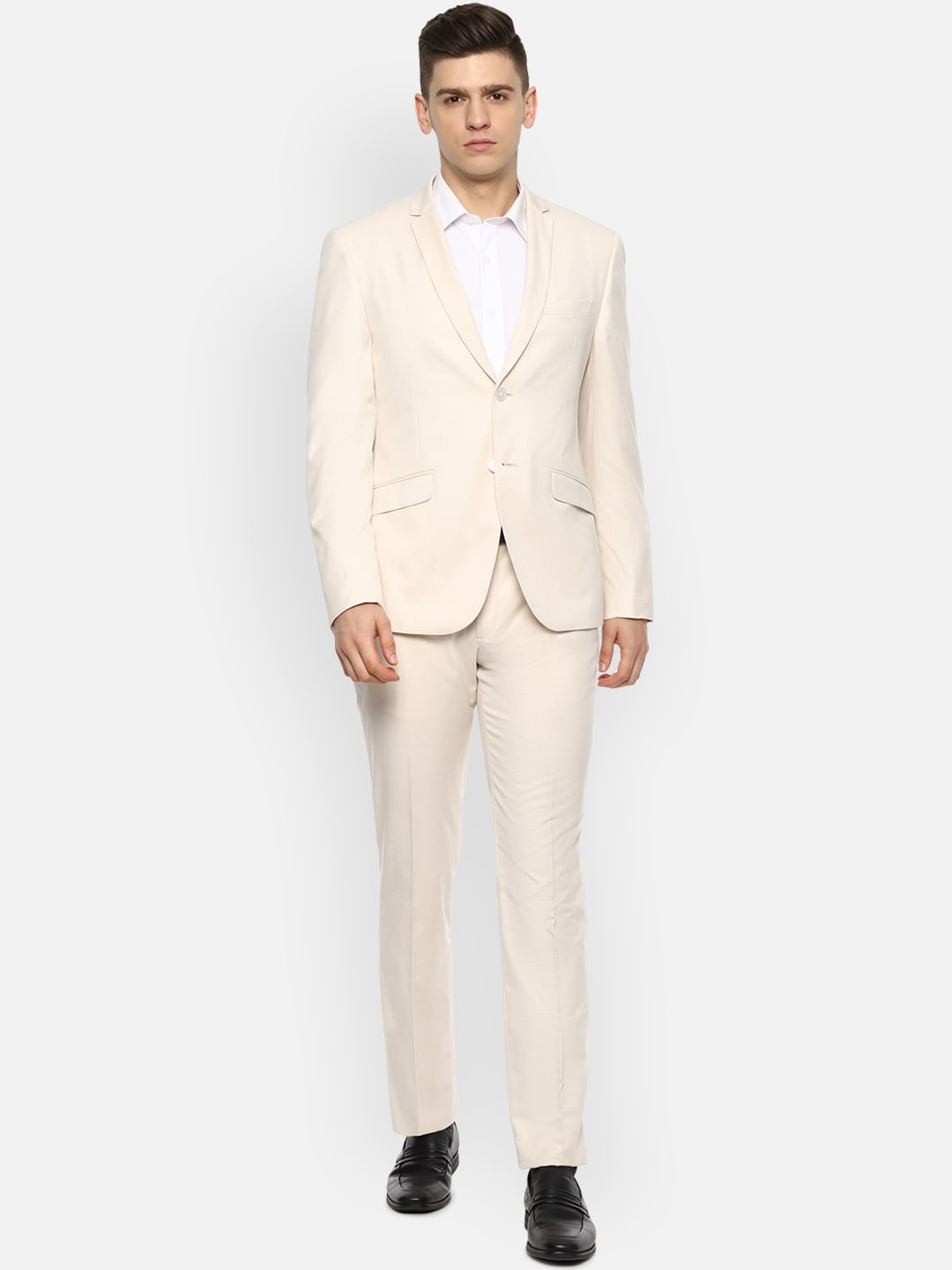 

V Dot Men Beige Self Design Skinny-Fit Single-Breasted 2-Piece Formal Suit