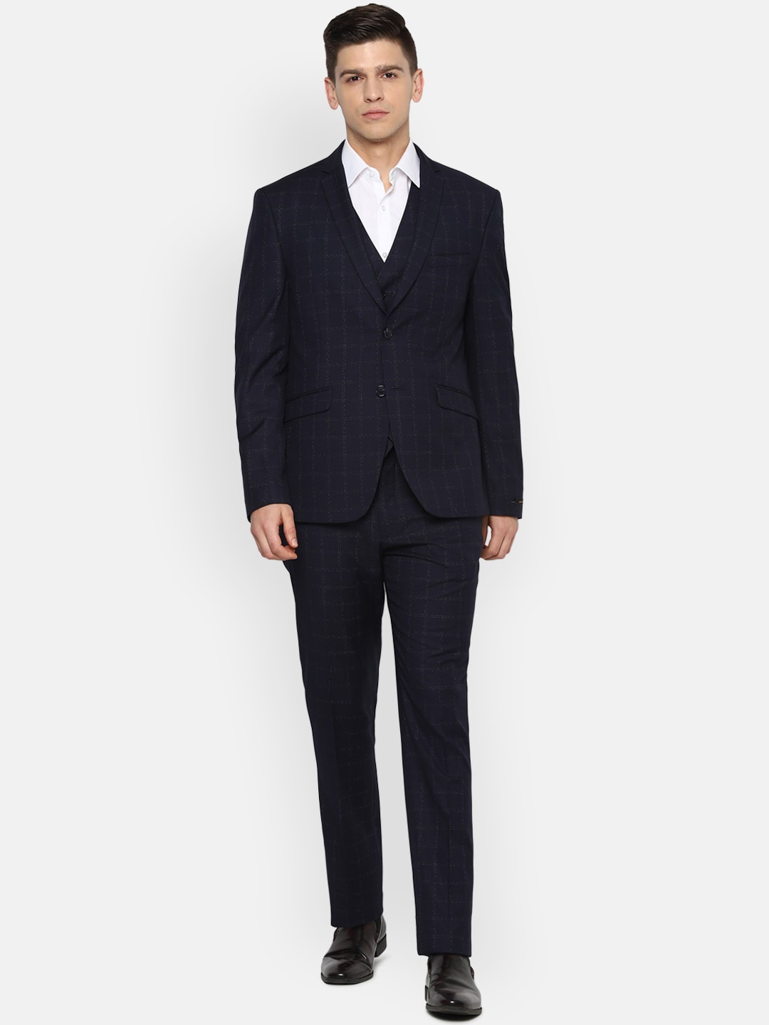 

V Dot Men Navy Blue Checked Slim-Fit Single-Breasted Three Piece Suit