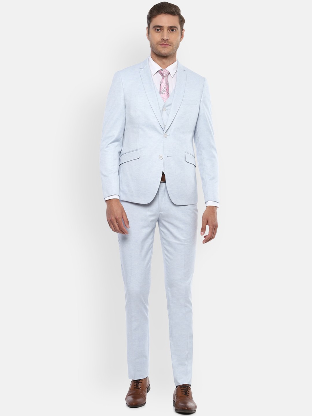 

V Dot Men Blue Self-Design Skinny-Fit 3-Piece Formal Suit