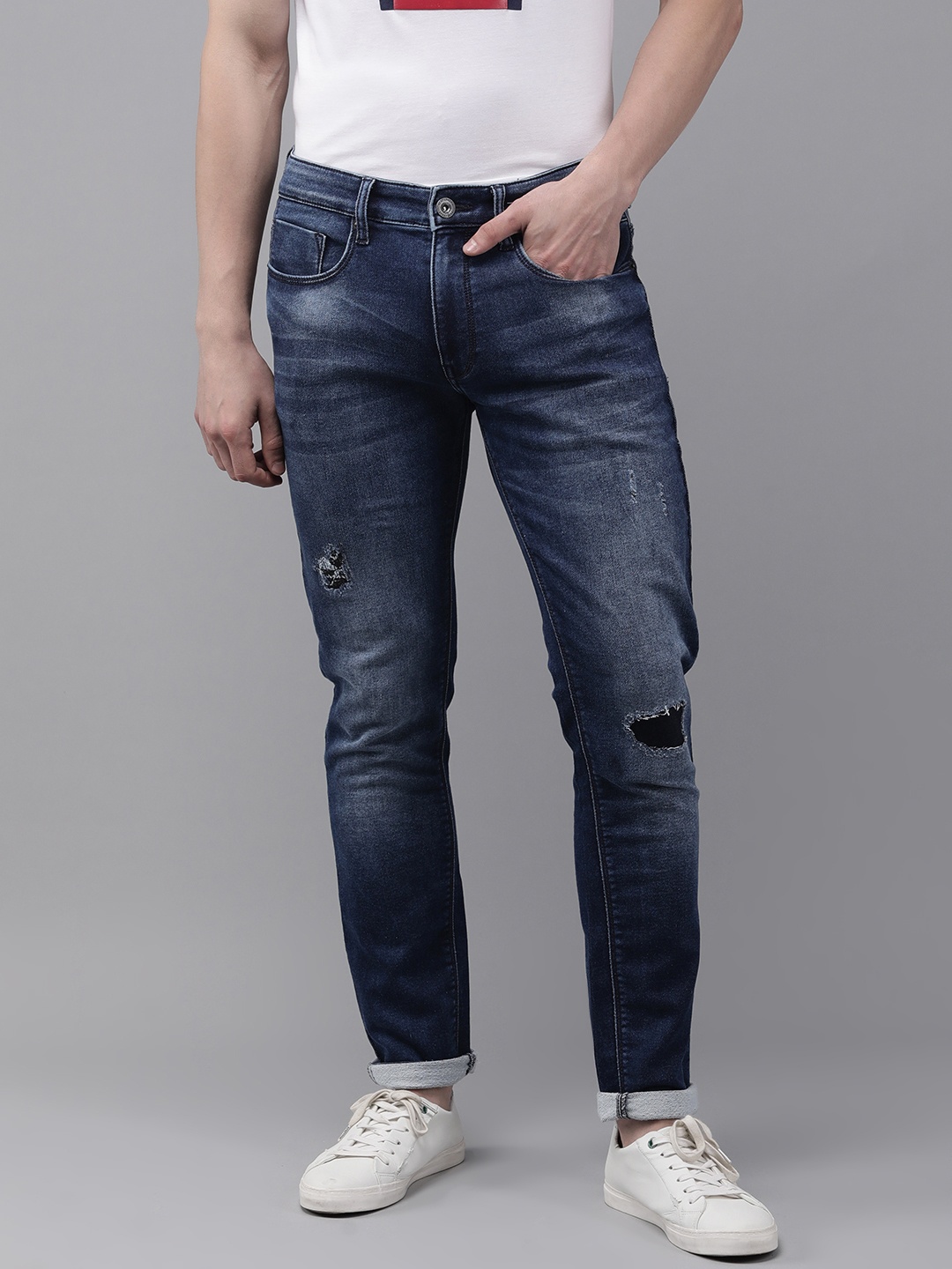 

BEAT LONDON by PEPE JEANS Men Blue Regular Fit Mid-Rise Light Fade Ripped Jeans