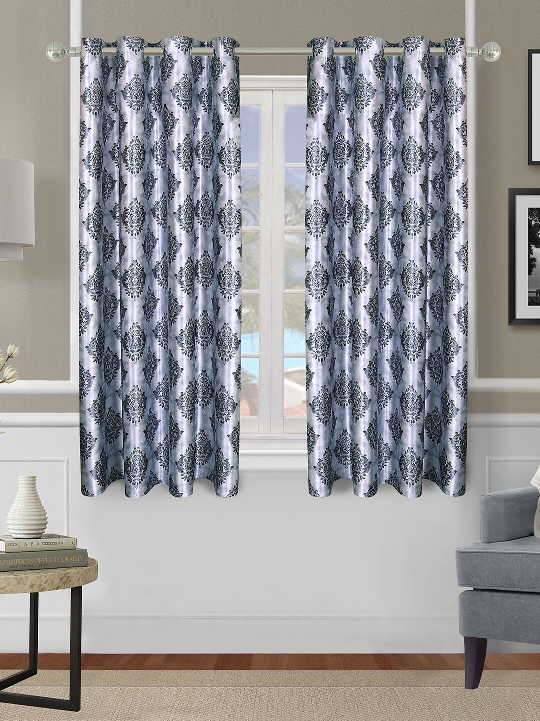 

ROMEE Pack Of 2 Grey Ethnic Motifs Printed Room Darkening Window Curtains