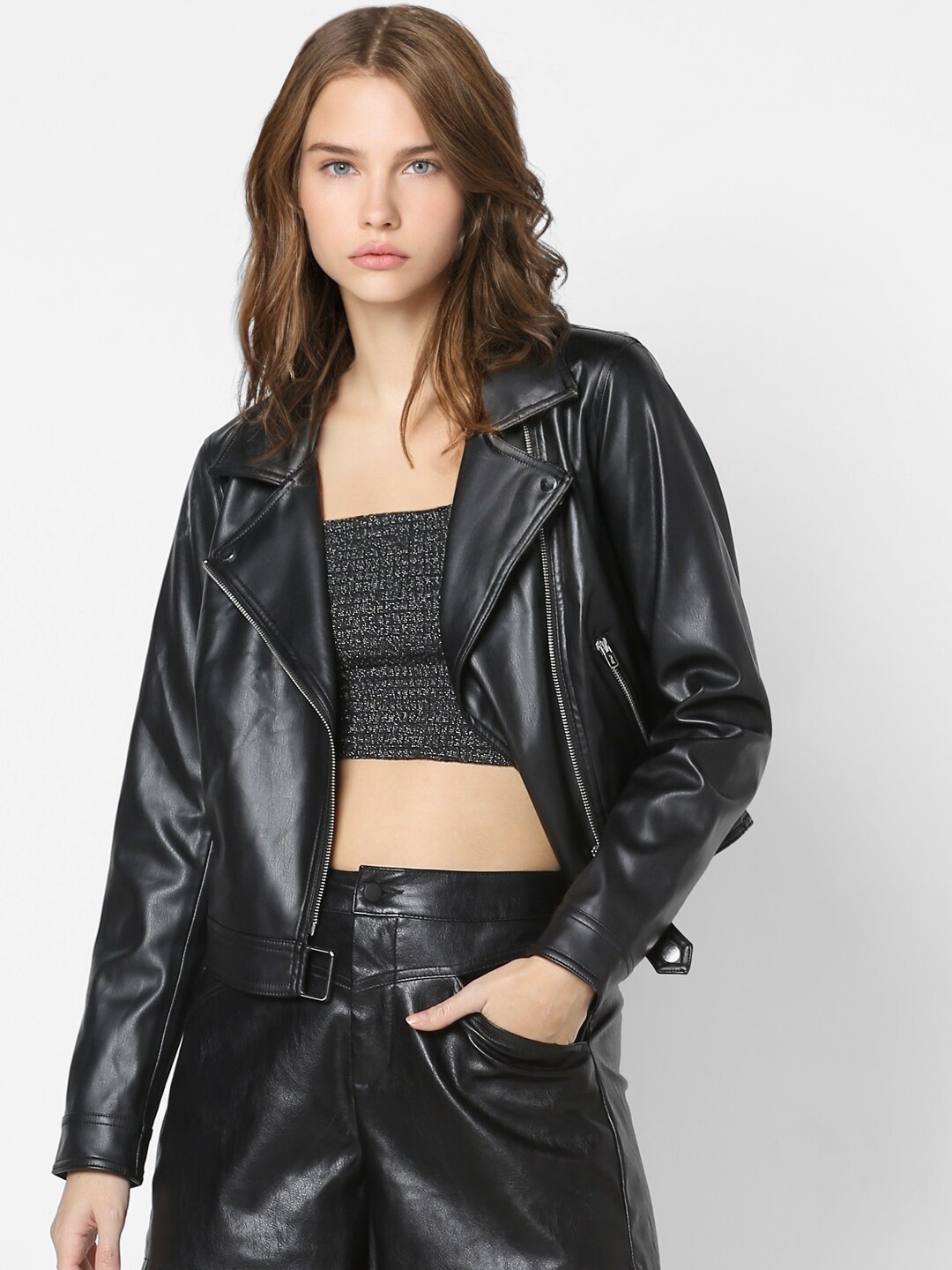 

ONLY Women Black Leather Longline Biker Jacket