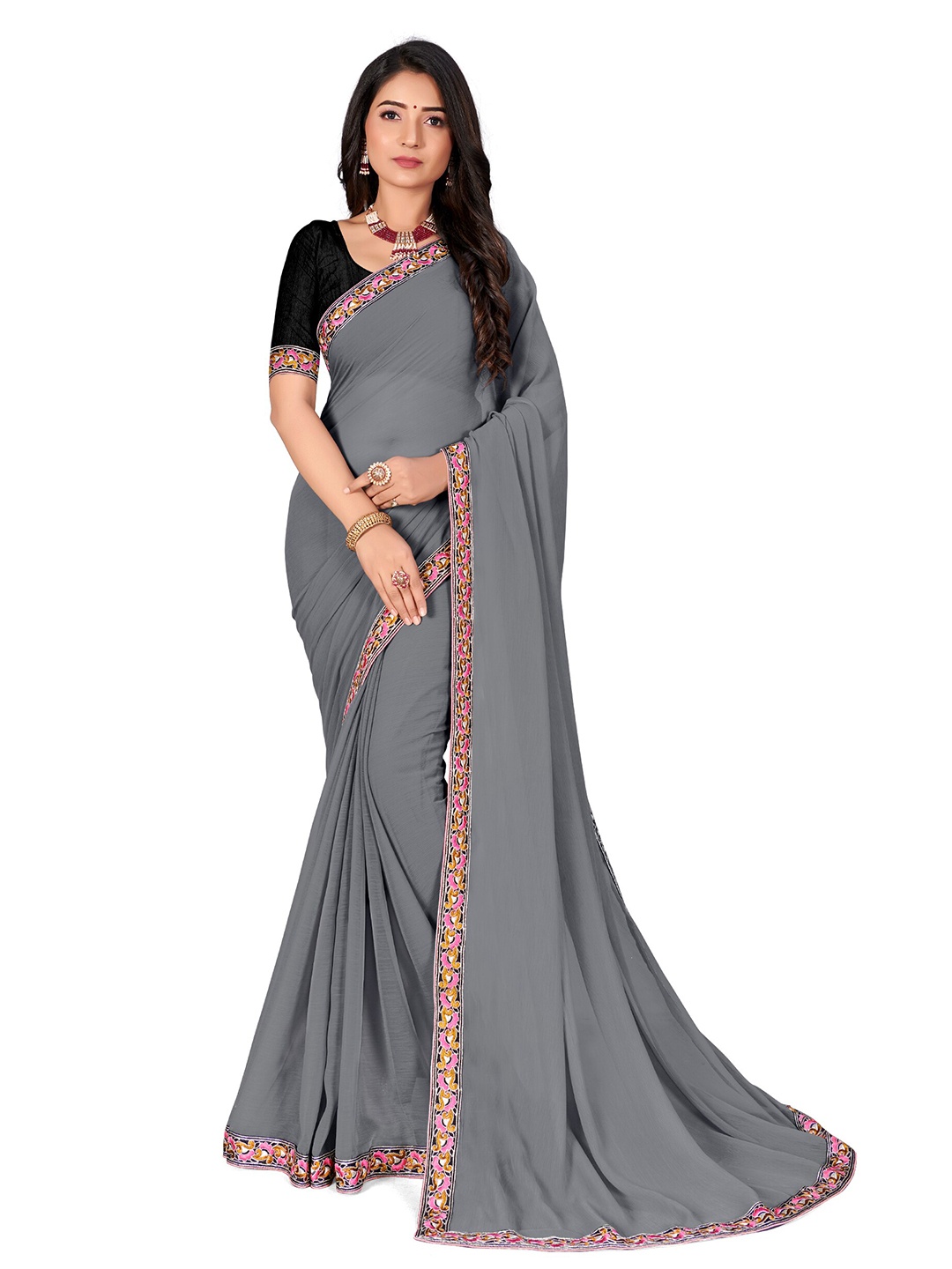 

KALINI Grey & Black Embroidered Border Saree