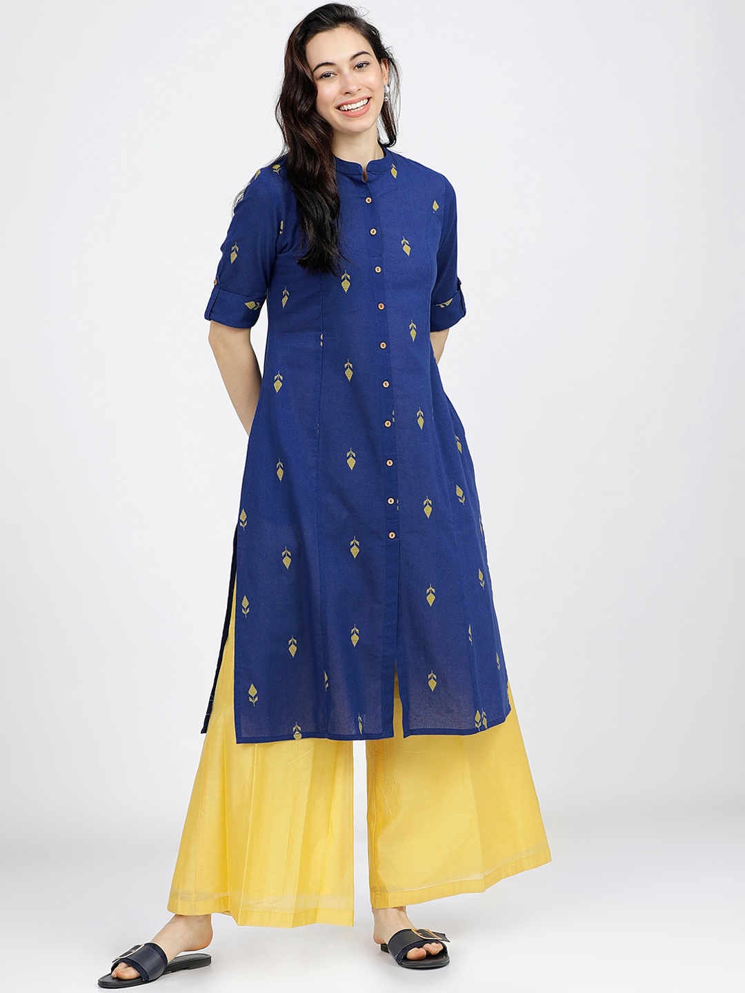 

Vishudh Women Blue & Yellow Ethnic Motifs Khari Printed Cotton A-Line Kurta