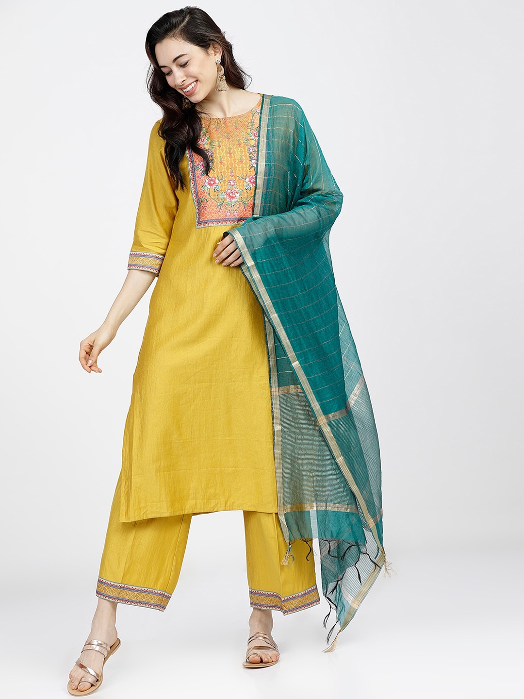 

Vishudh Women Yoke Design Kurta with Palazzos & Dupatta, Yellow